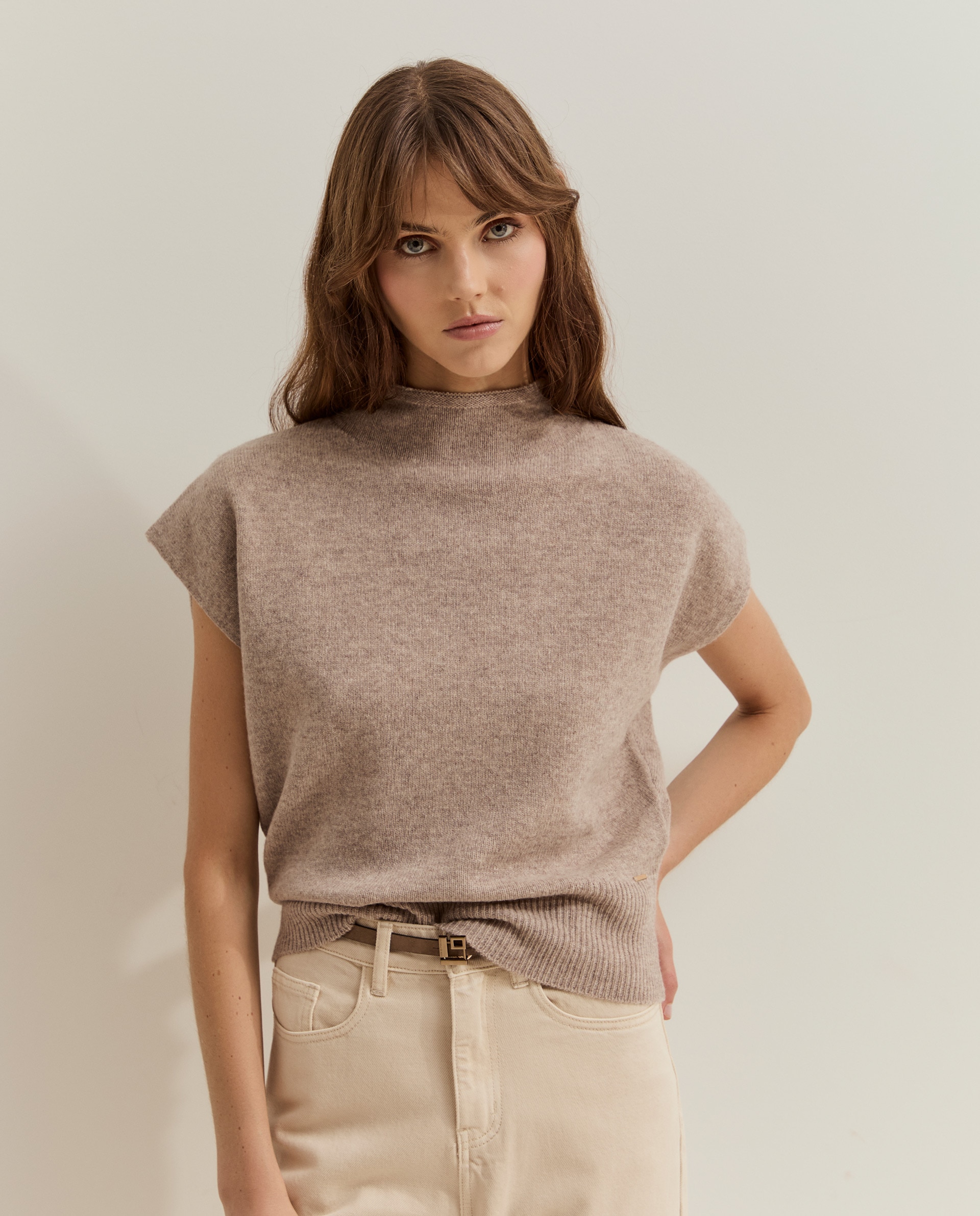 Jersey de mujer de lana de manga corta - Lion of Porches - Beige Beige-2