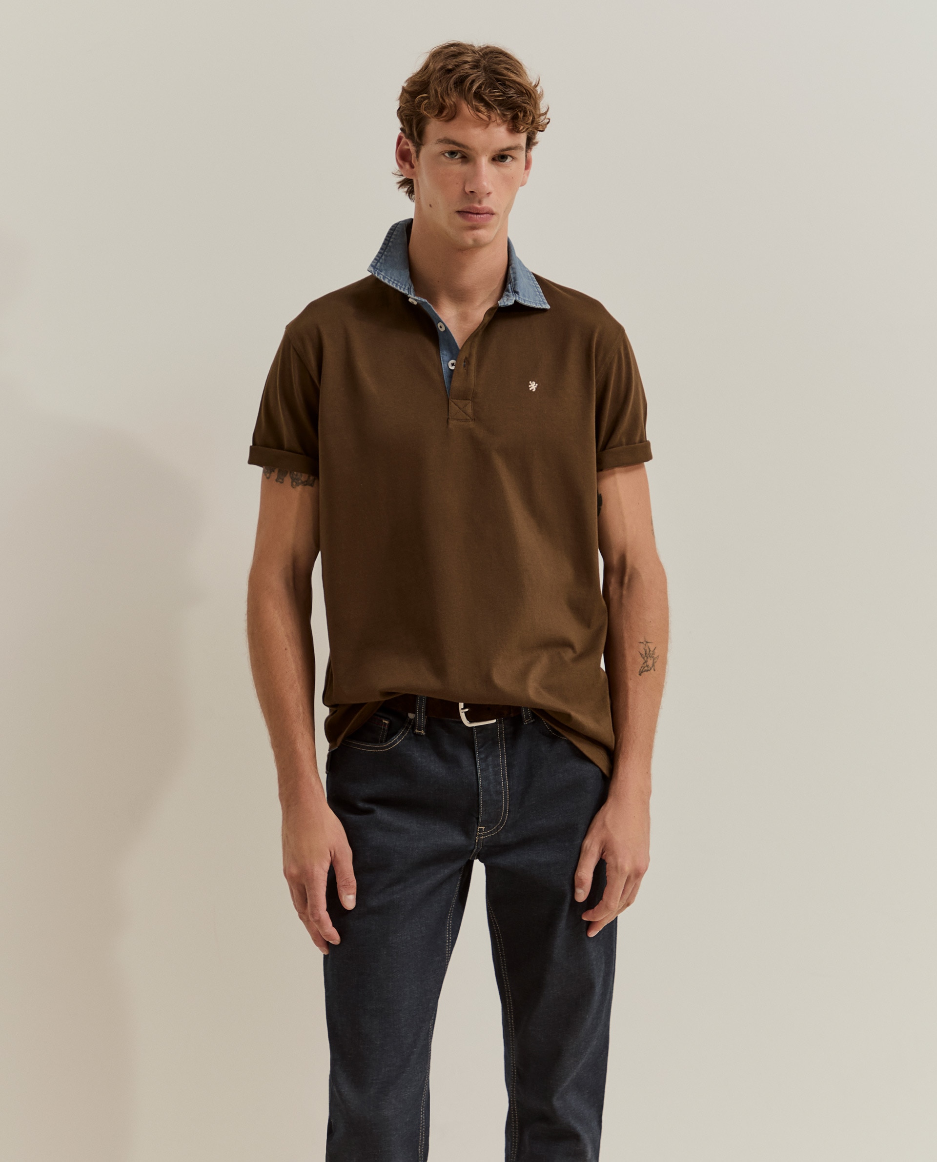 Polo de manga corta de hombre en algodón con cuello vaquero - Lion of Porches - Marrón Marrón-2
