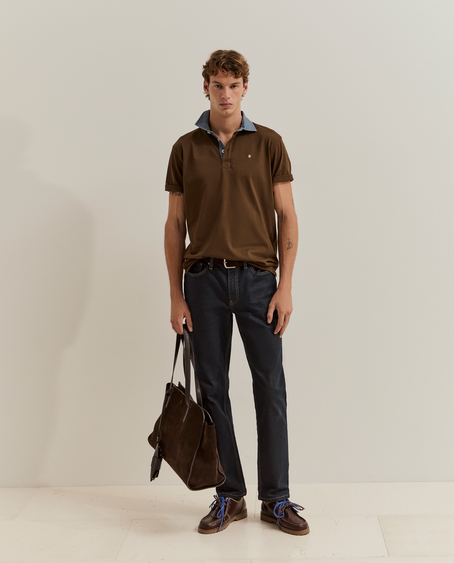 Polo de manga corta de hombre en algodón con cuello vaquero - Lion of Porches - Marrón Marrón-4