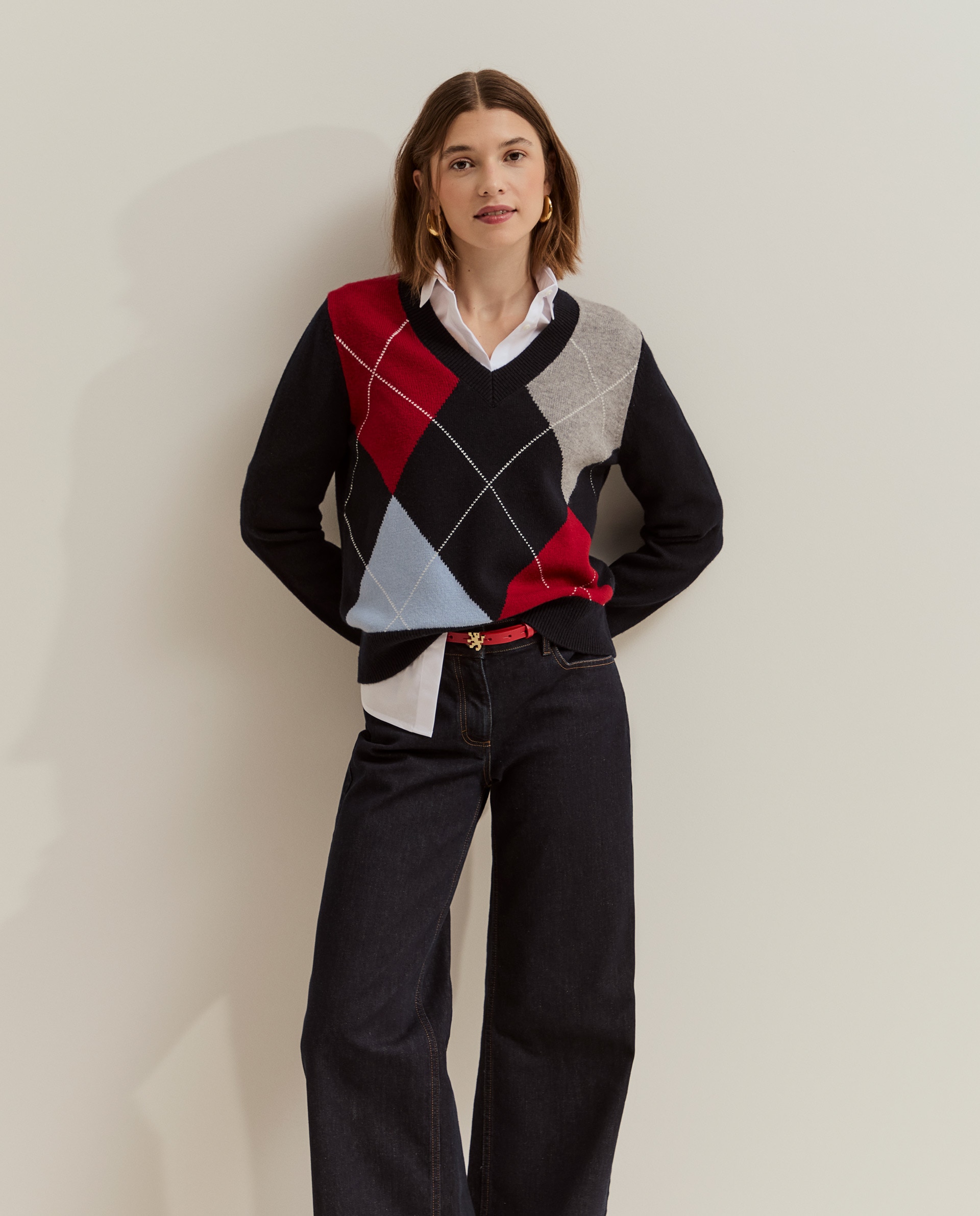Imagen 0 de Jersey de mujer en lana con estampado de rombos Azul marino