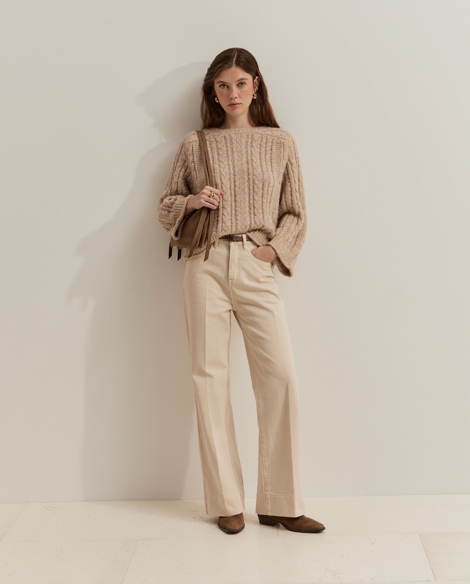 Pantalones de mujer vaqueros de pierna ancha - Lion of Porches - Beige Beige-1