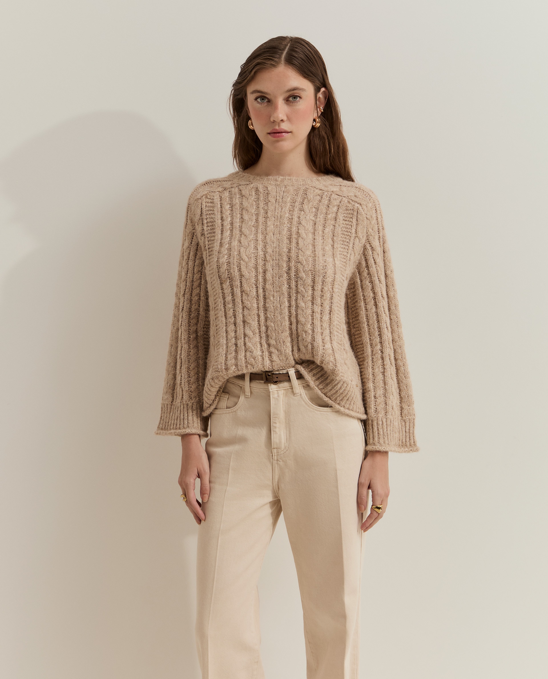 Pantalones de mujer vaqueros de pierna ancha - Lion of Porches - Beige Beige-2