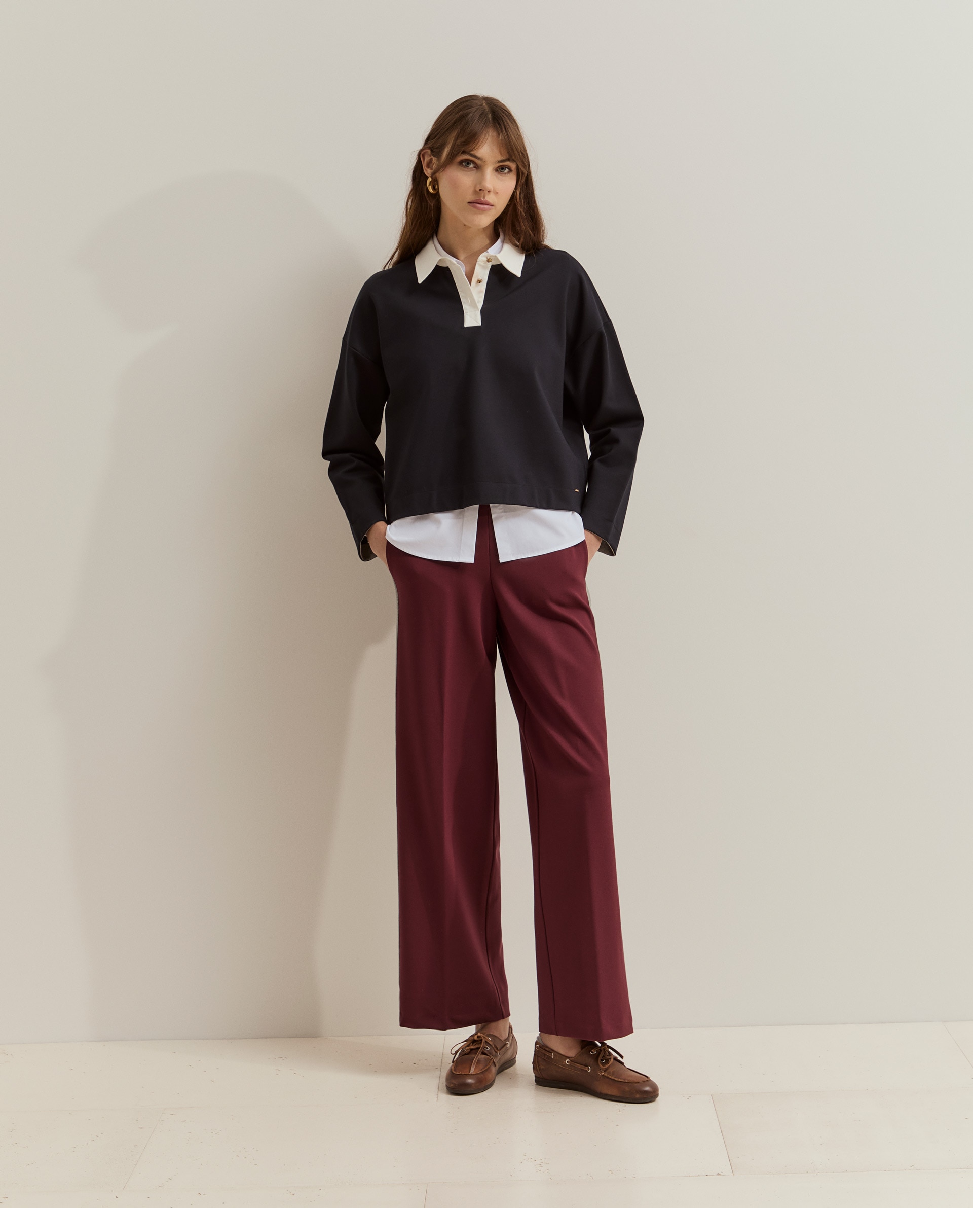 Pantalones de mujer de punto con cinta en contraste - Lion of Porches - Burdeos Burdeos-1