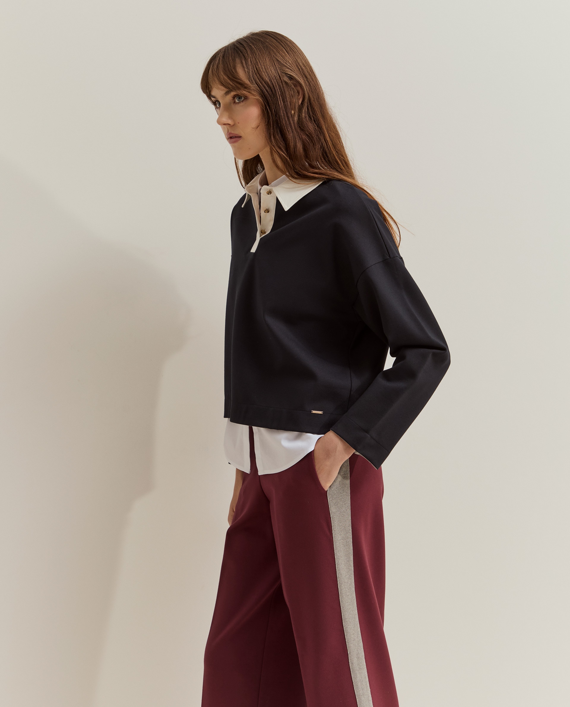 Pantalones de mujer de punto con cinta en contraste - Lion of Porches - Burdeos Burdeos-2