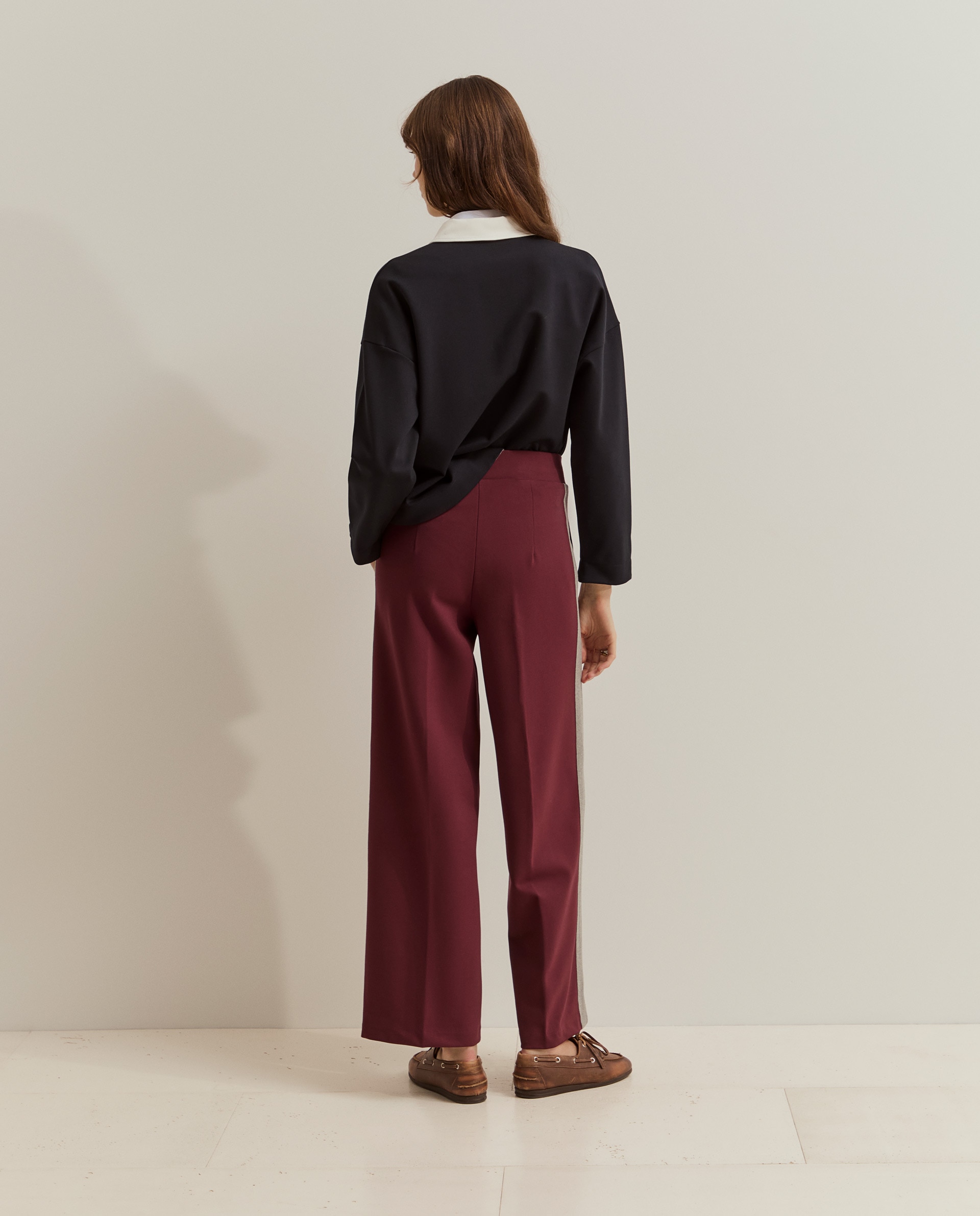 Pantalones de mujer de punto con cinta en contraste - Lion of Porches - Burdeos Burdeos-3