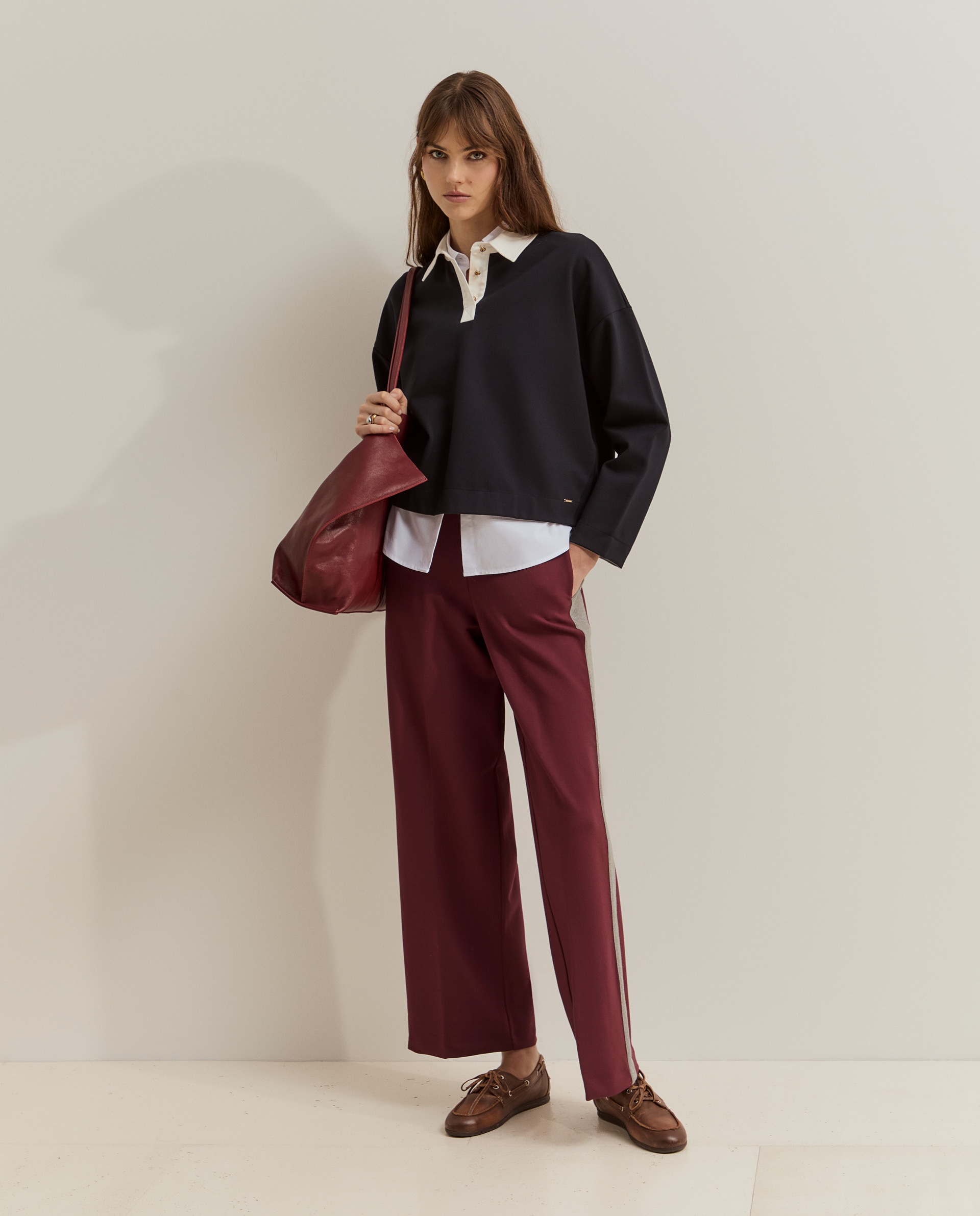 Pantalones de mujer de punto con cinta en contraste - Lion of Porches - Burdeos Burdeos-4