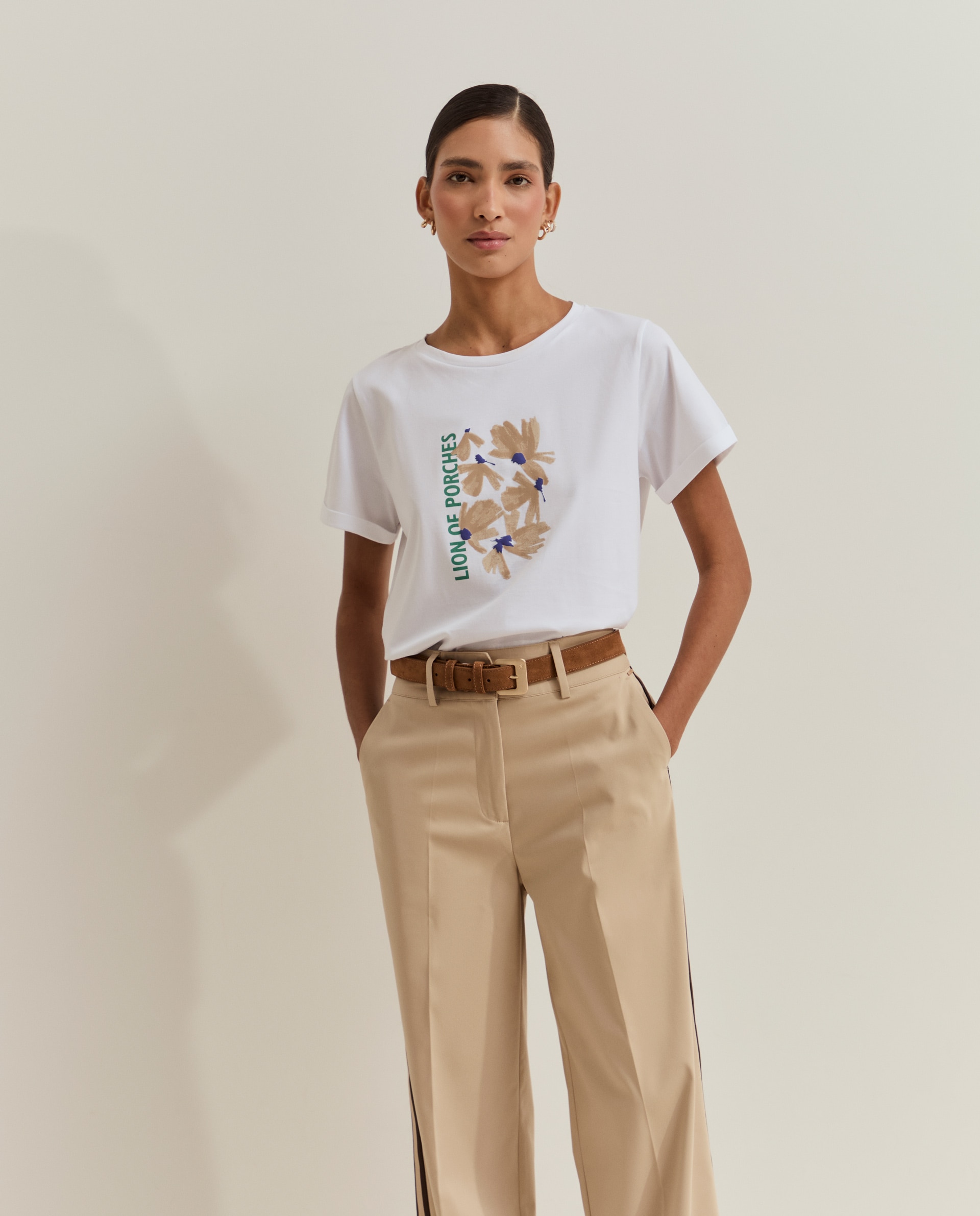 Camiseta de mujer de algodón con estampado - Lion of Porches - Blanco Blanco-4