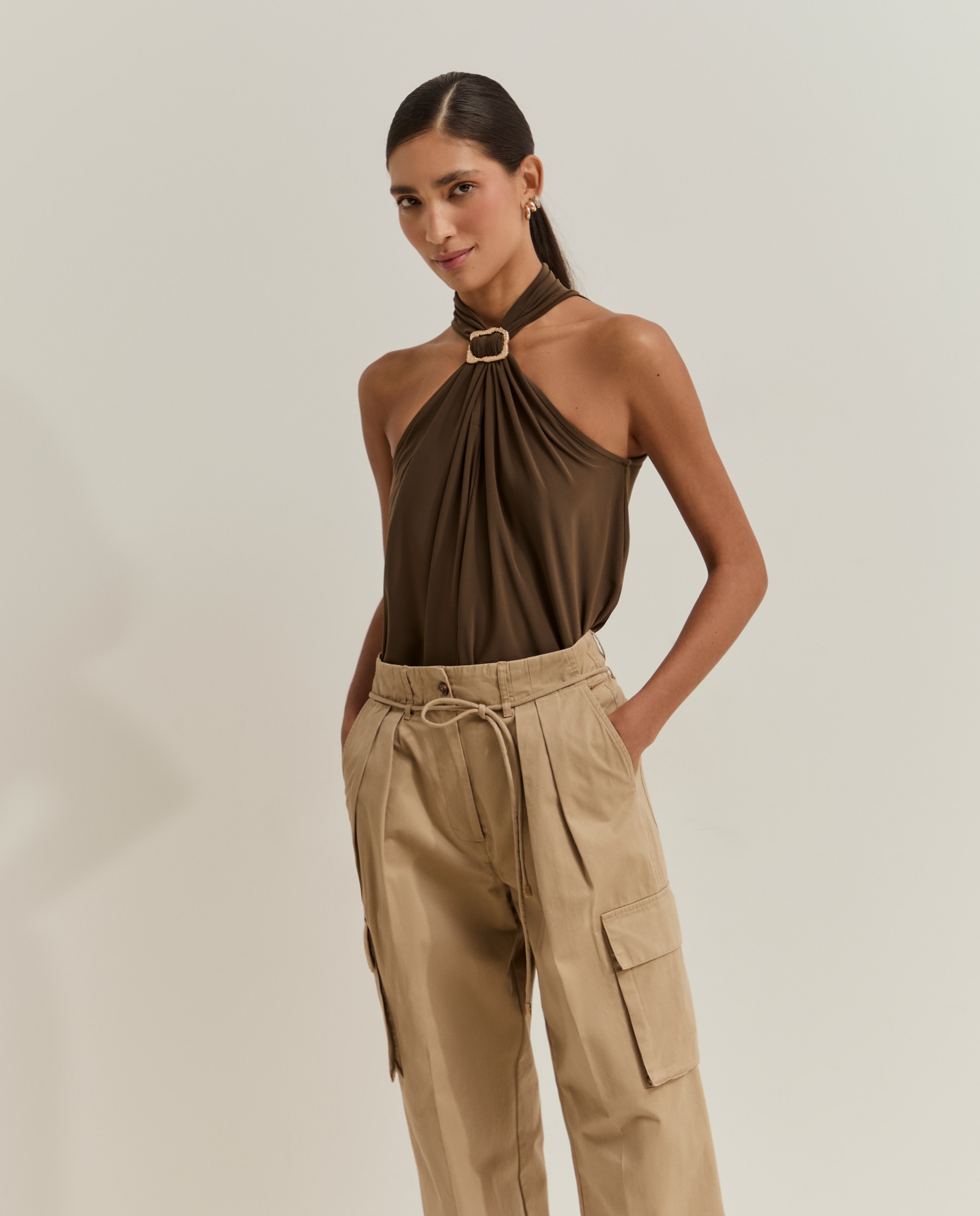 Pantalones de mujer cargo de pierna ancha con cinturón - Lion of Porches - Beige Beige-2