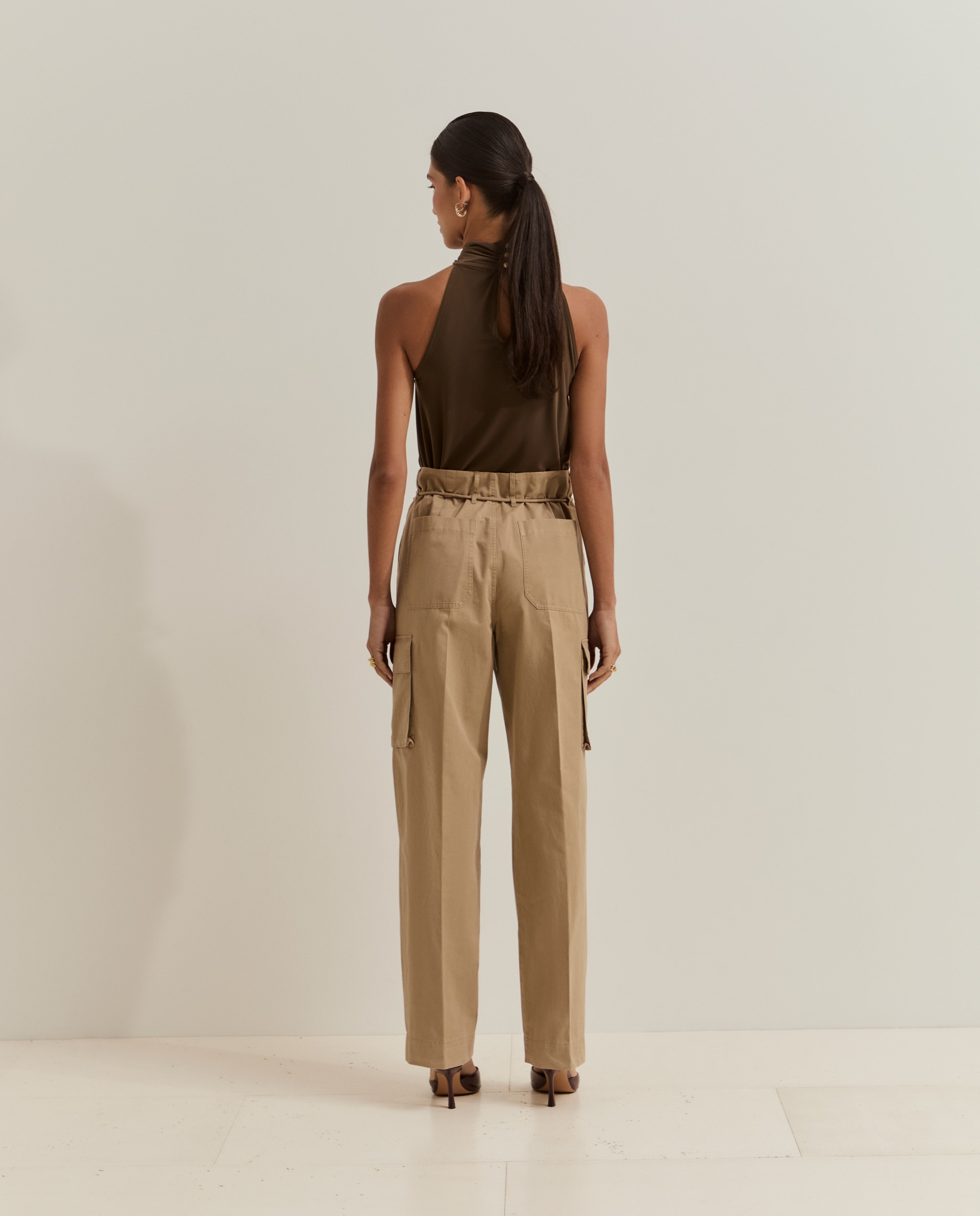 Pantalones de mujer cargo de pierna ancha con cinturón - Lion of Porches - Beige Beige-3