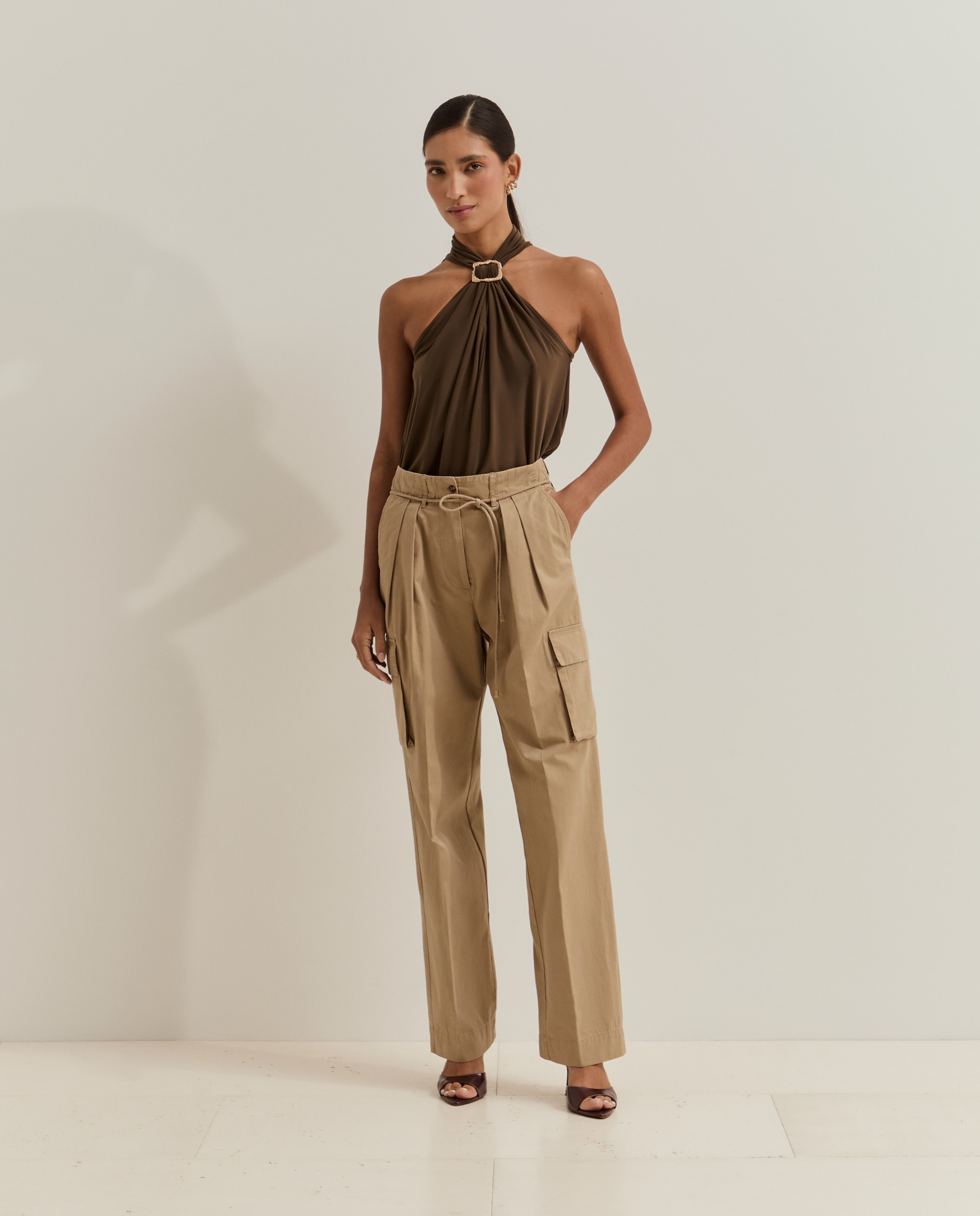 Pantalones de mujer cargo de pierna ancha con cinturón - Lion of Porches - Beige Beige-4