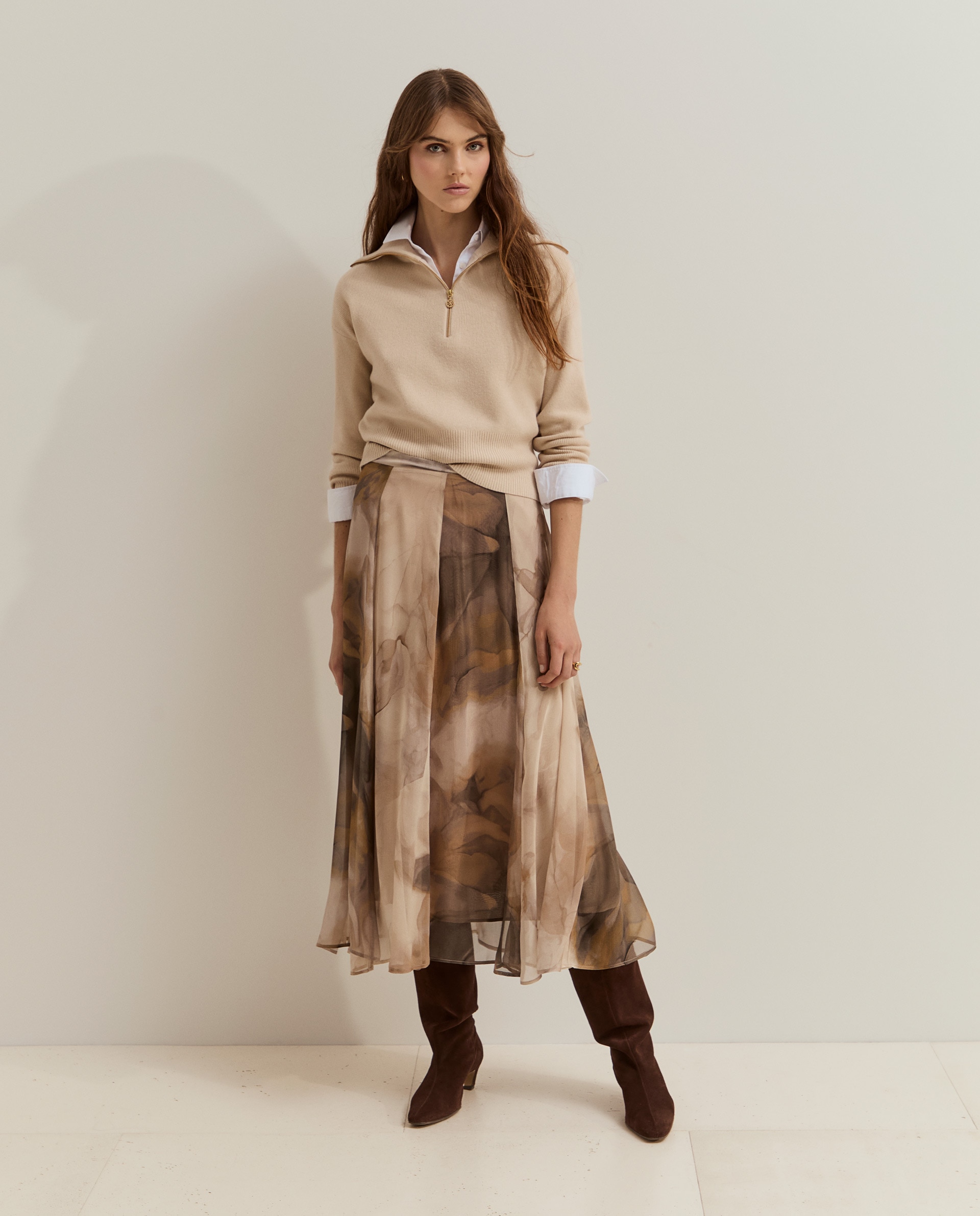 Falda midi de mujer estampada - Lion of Porches - Beige Beige-4