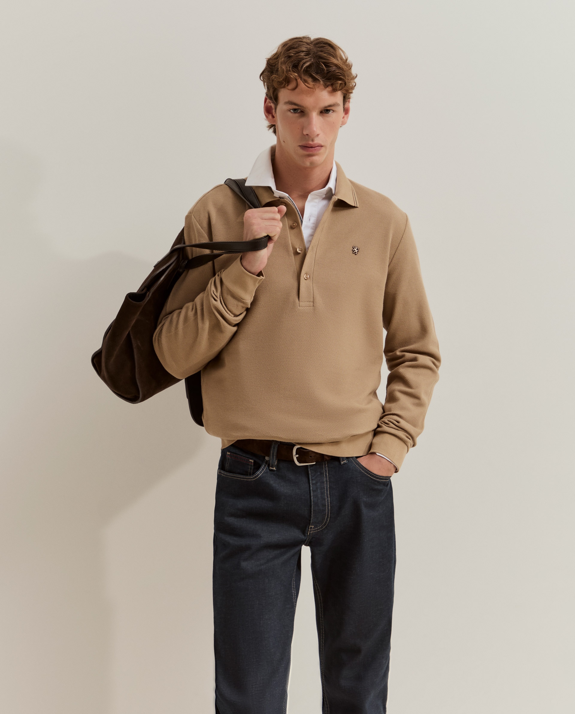 Polo de manga larga de hombre en piqué de algodón - Lion of Porches - Beige Beige-1