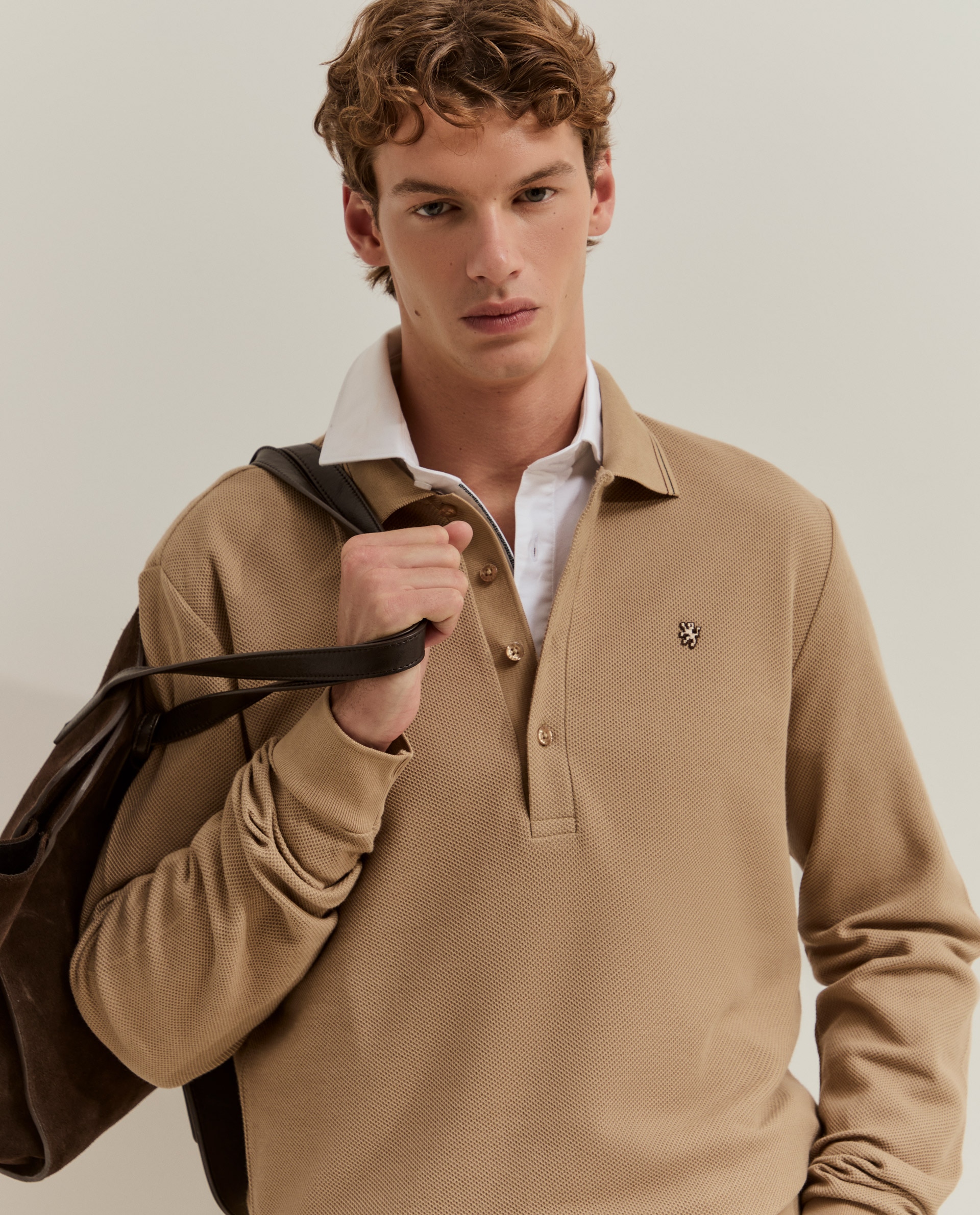 Polo de manga larga de hombre en piqué de algodón - Lion of Porches - Beige Beige-2