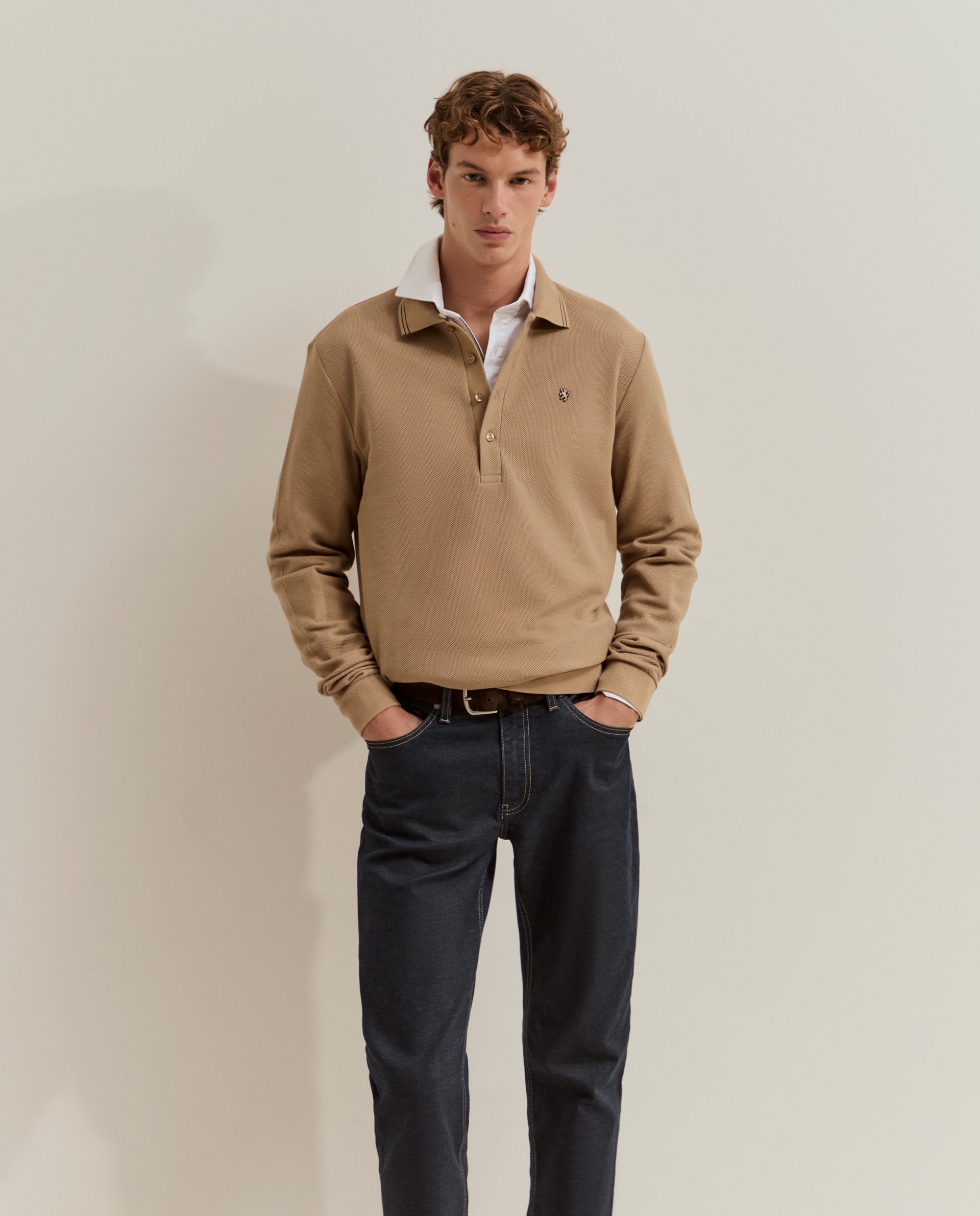 Polo de manga larga de hombre en piqué de algodón - Lion of Porches - Beige Beige-4
