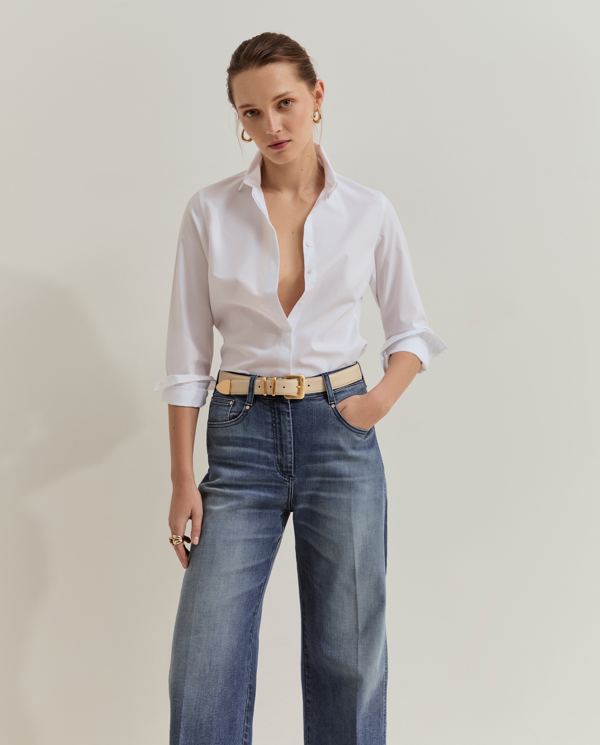 Camisa clásica de mujer con tapeta oculta - Lion of Porches - Blanco Blanco-2