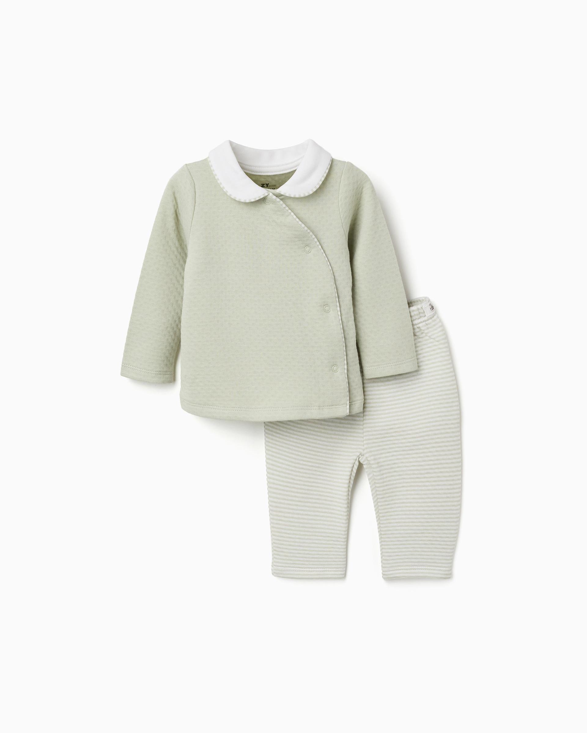 Imagen 0 de Pijama completo de bebé niño 100% algodón acolchado y a rayas Verde claro