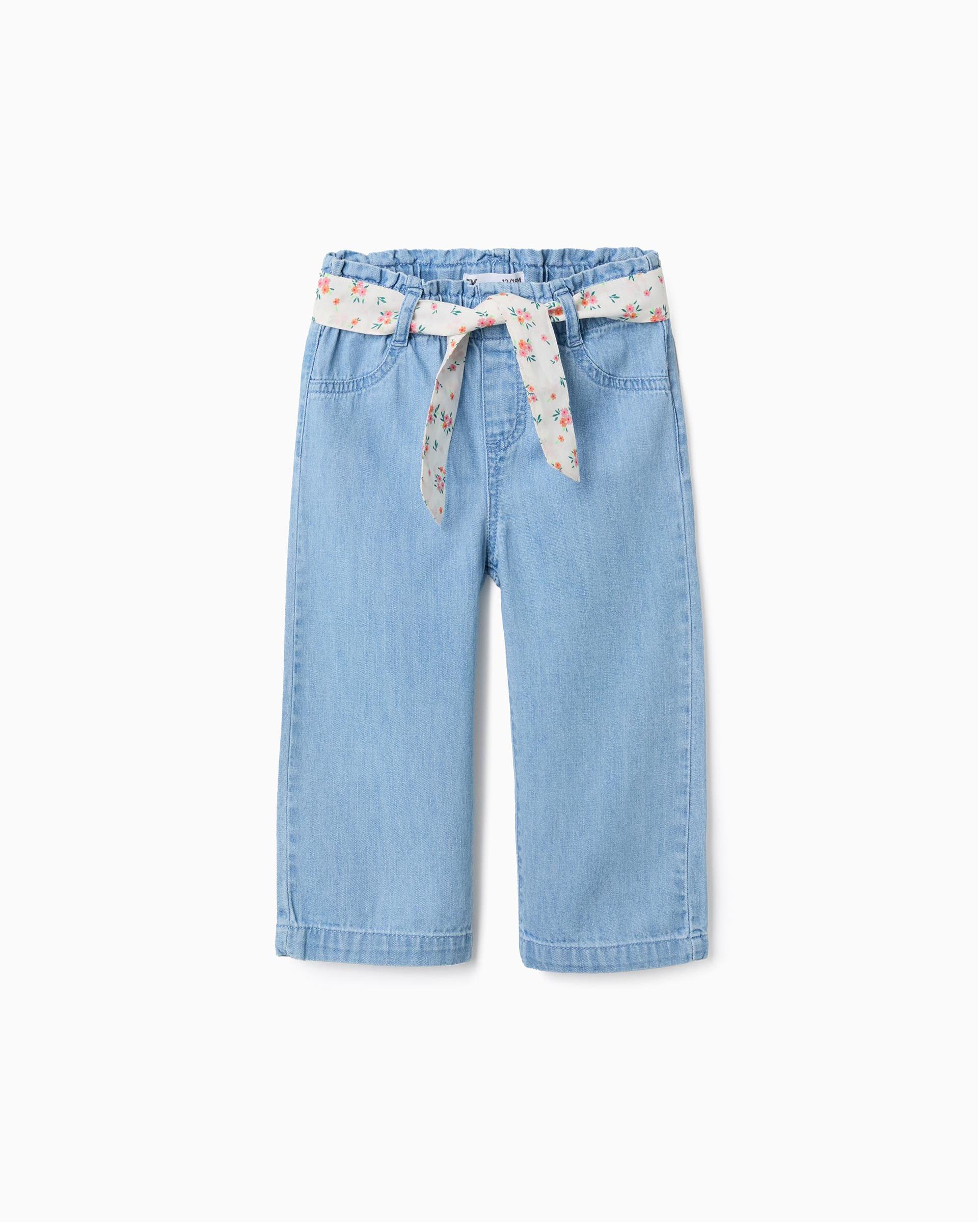 Imagen 0 de Pantalón de bebé niña 100% algodón y con cinturón floral Azul