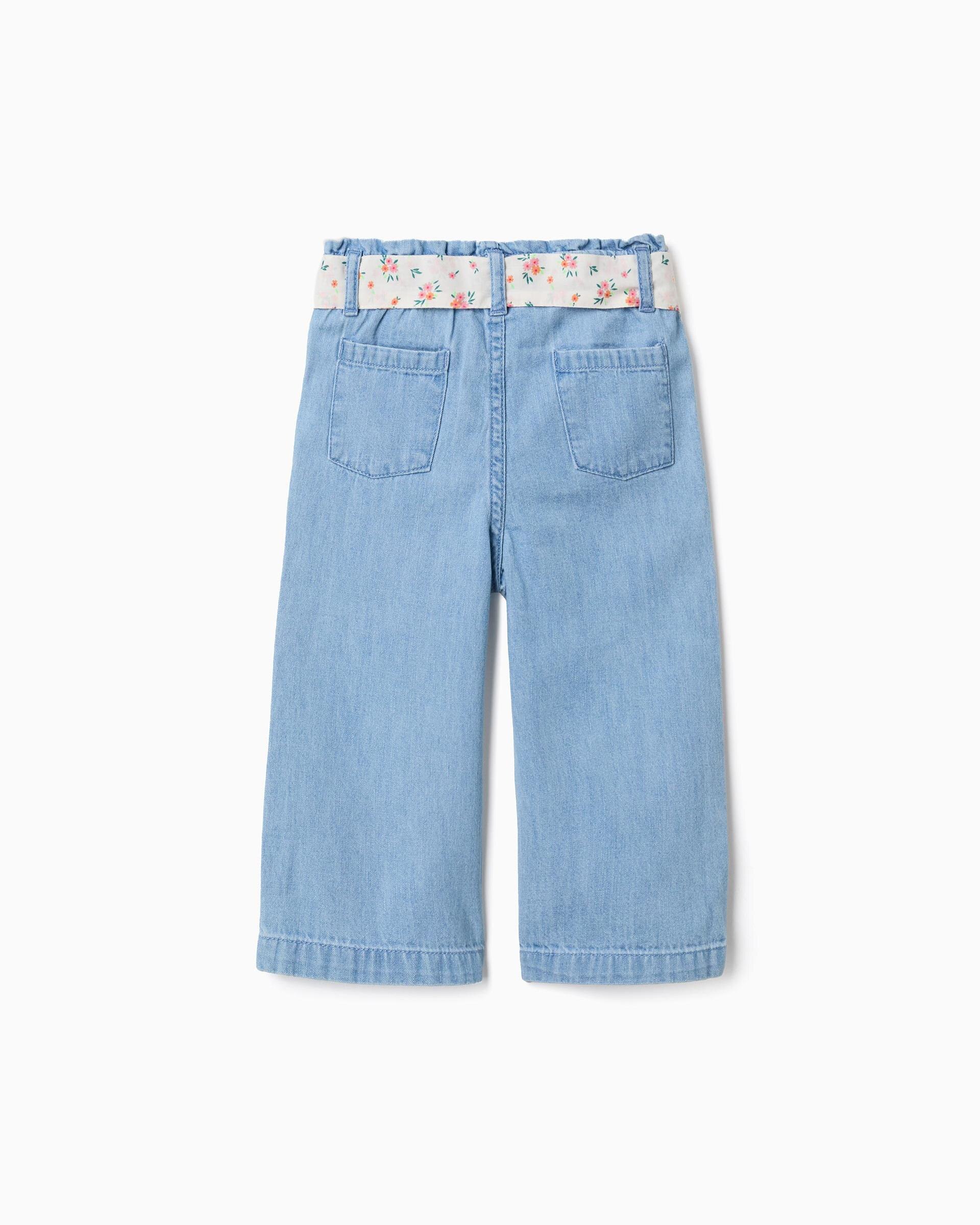 Pantalón de bebé niña 100% algodón y con cinturón floral - Zippy - Azul Azul-3