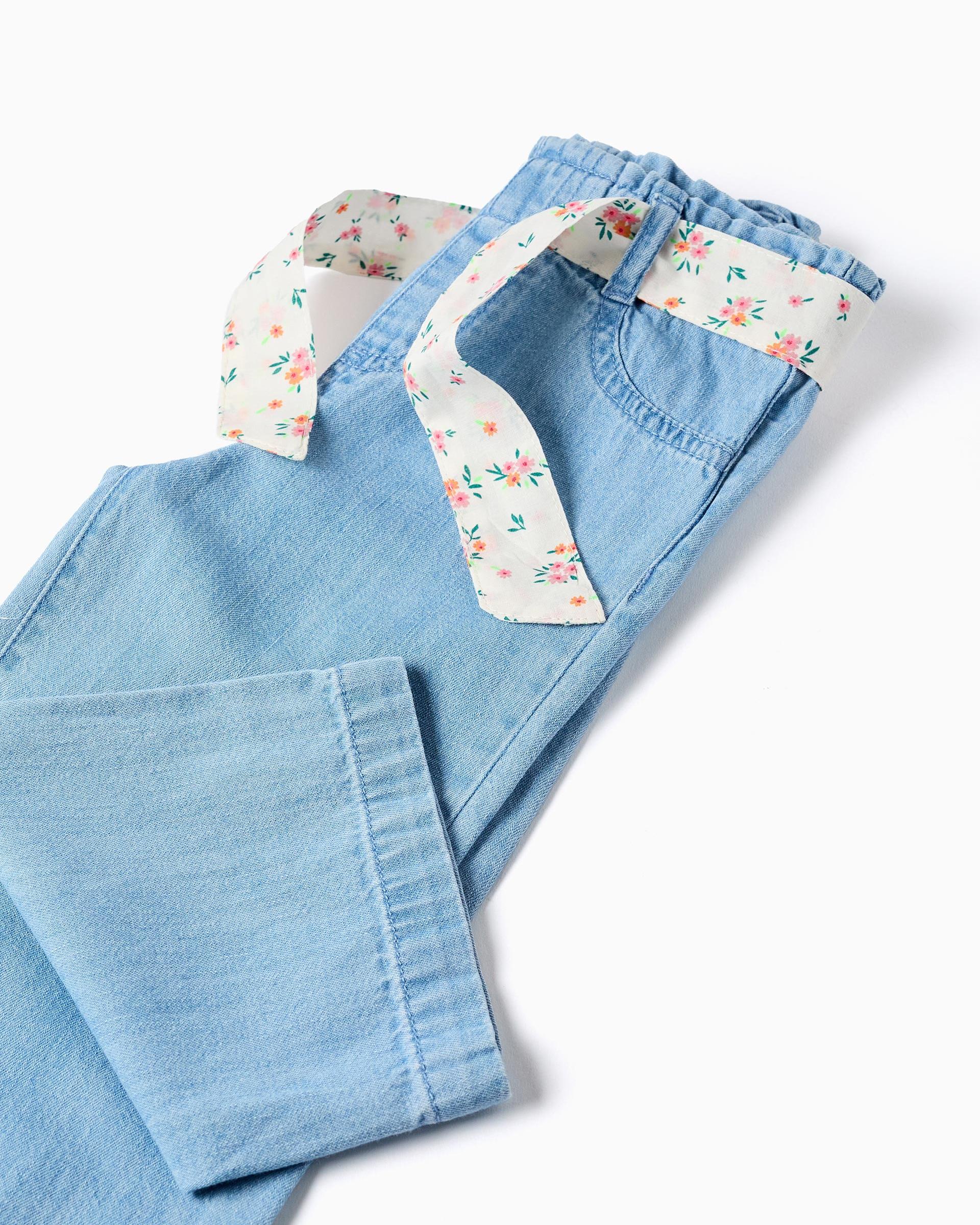 Pantalón de bebé niña 100% algodón y con cinturón floral - Zippy - Azul Azul-4