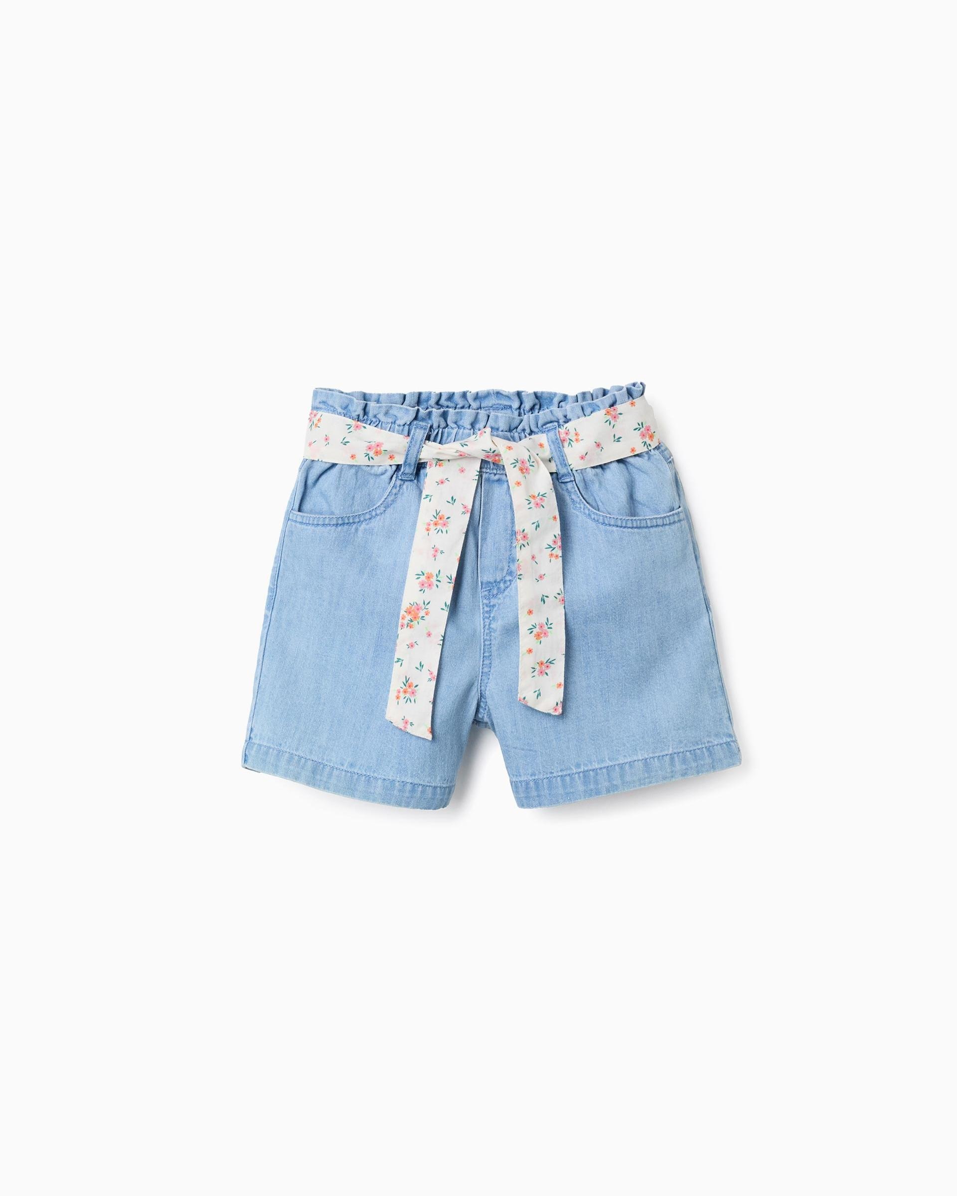 Pantalón corto de niña 100% algodón y con cinturón floral - Zippy - Azul claro Azul claro-1