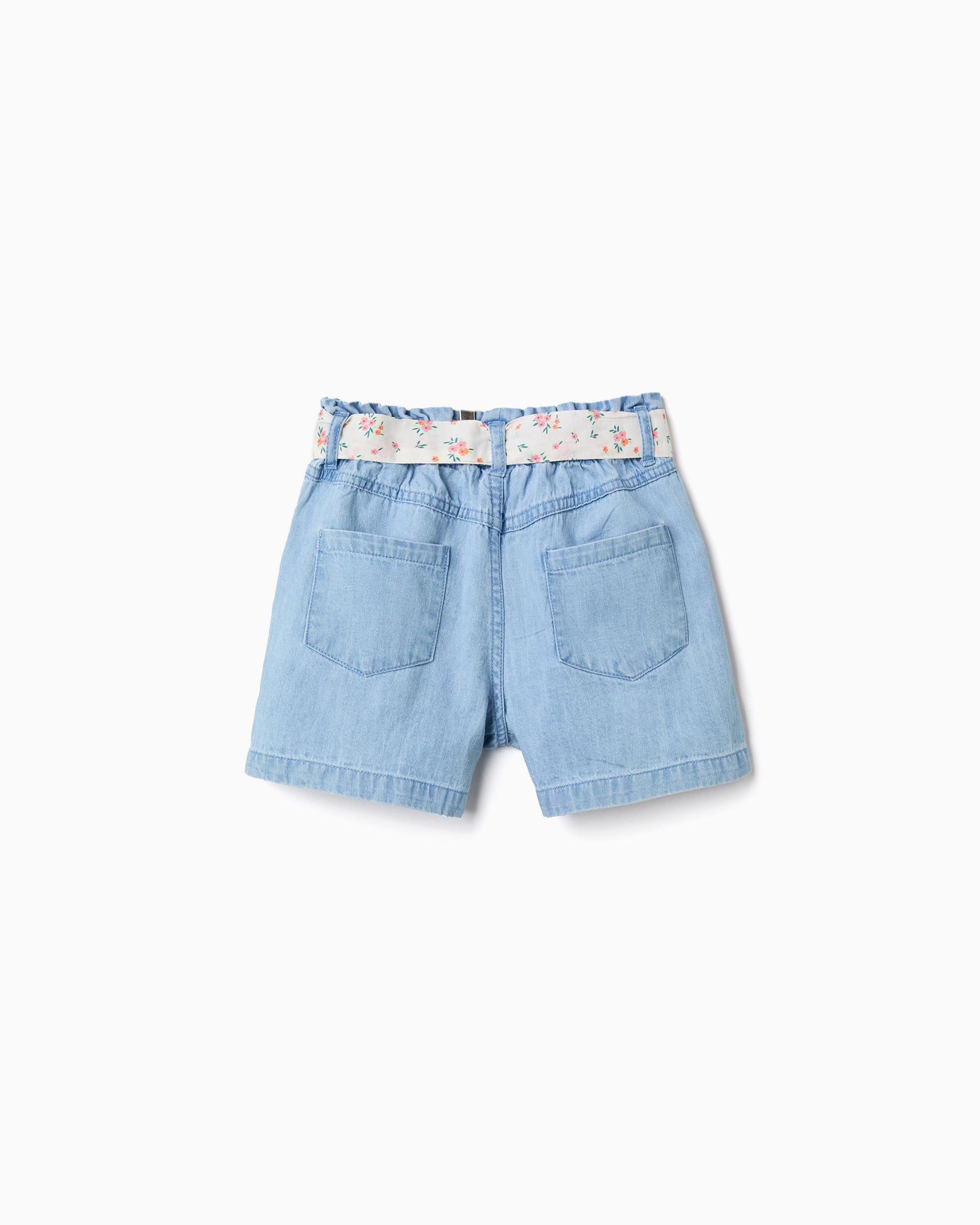 Pantalón corto de niña 100% algodón y con cinturón floral - Zippy - Azul claro Azul claro-3