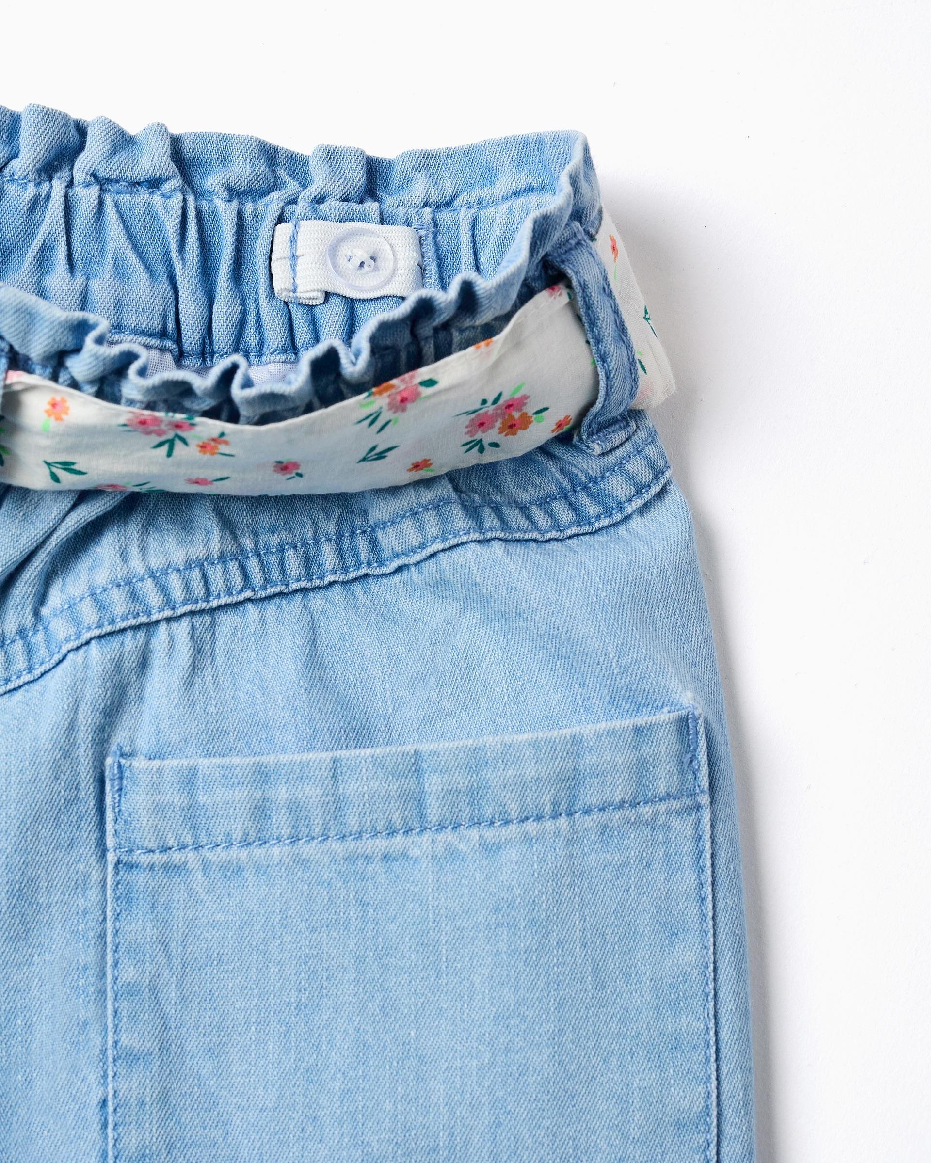 Pantalón corto de niña 100% algodón y con cinturón floral - Zippy - Azul claro Azul claro-2