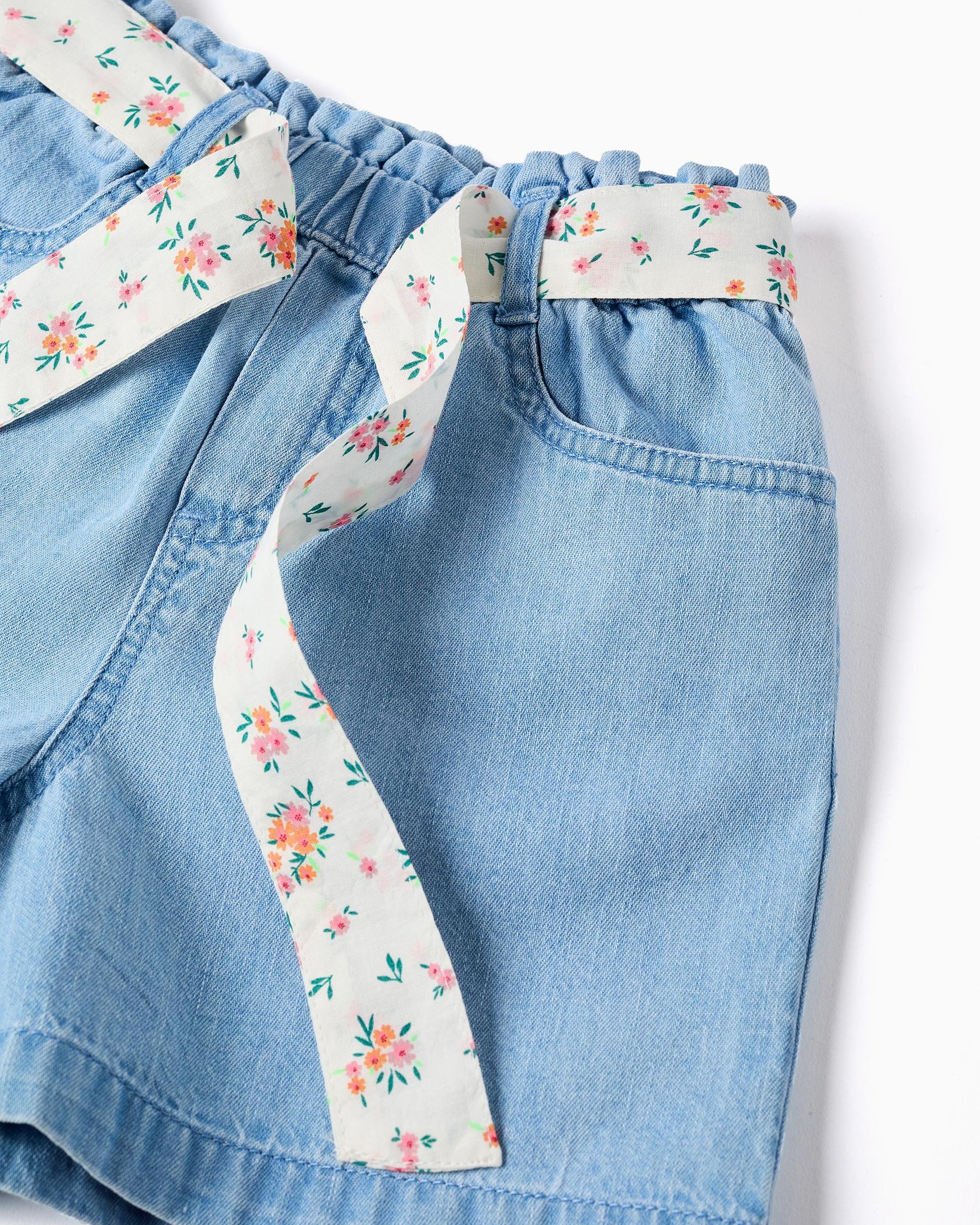 Pantalón corto de niña 100% algodón y con cinturón floral - Zippy - Azul claro Azul claro-4