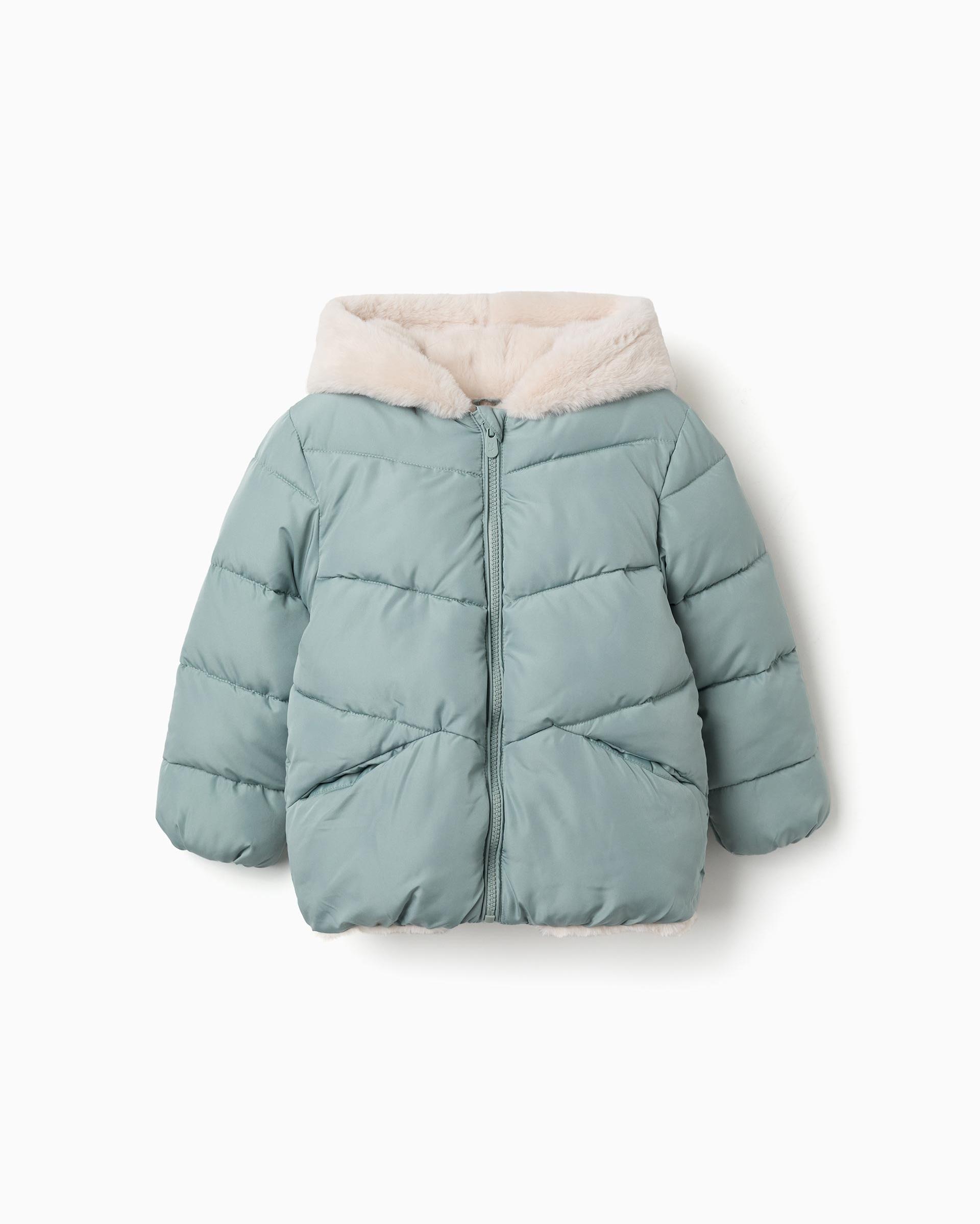 Plumífero de niña con capucha y forro de pelo - Zippy - Verde Verde-4