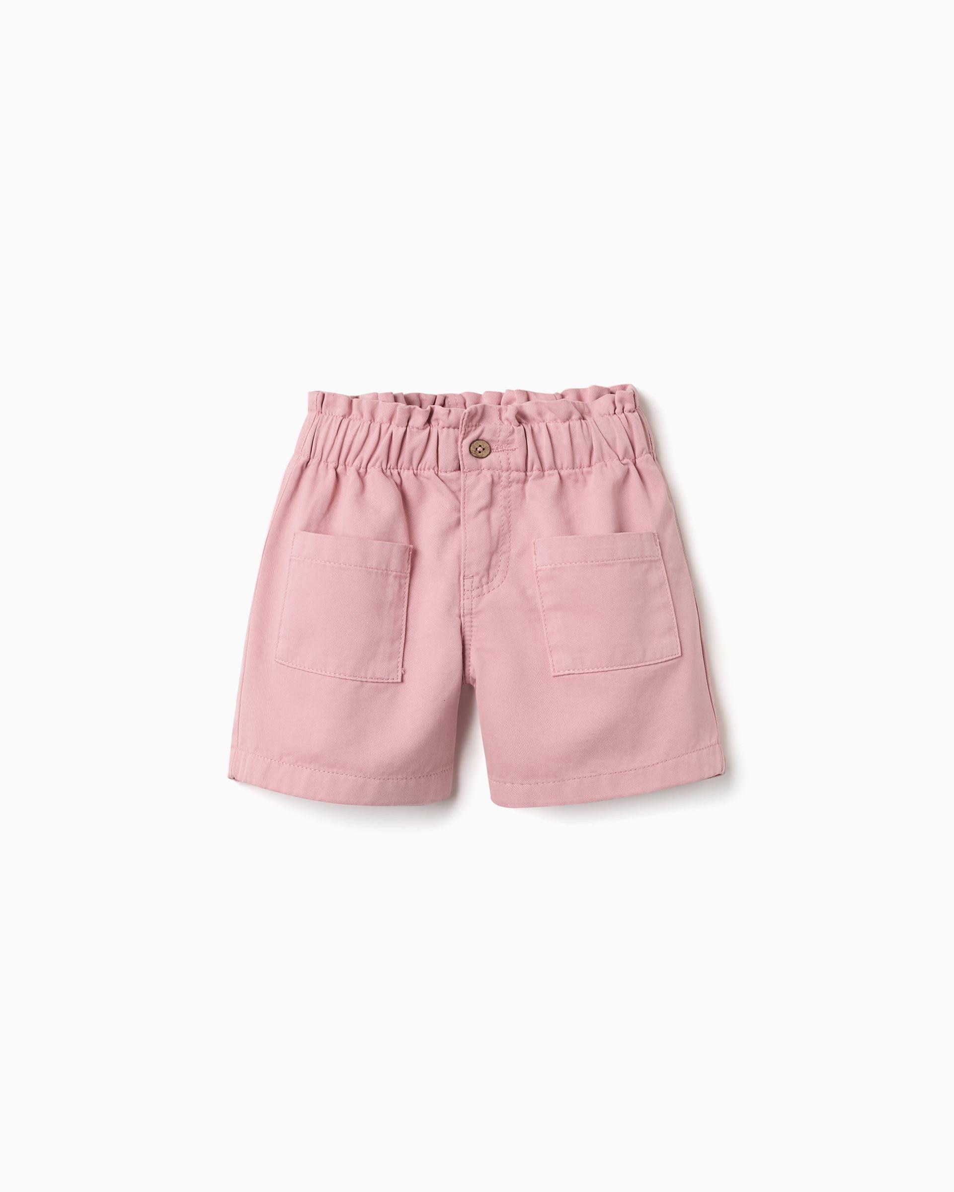 Pantalón corto de niña de sarga y con bolsillos delanteros - Zippy - Rosa Rosa-1