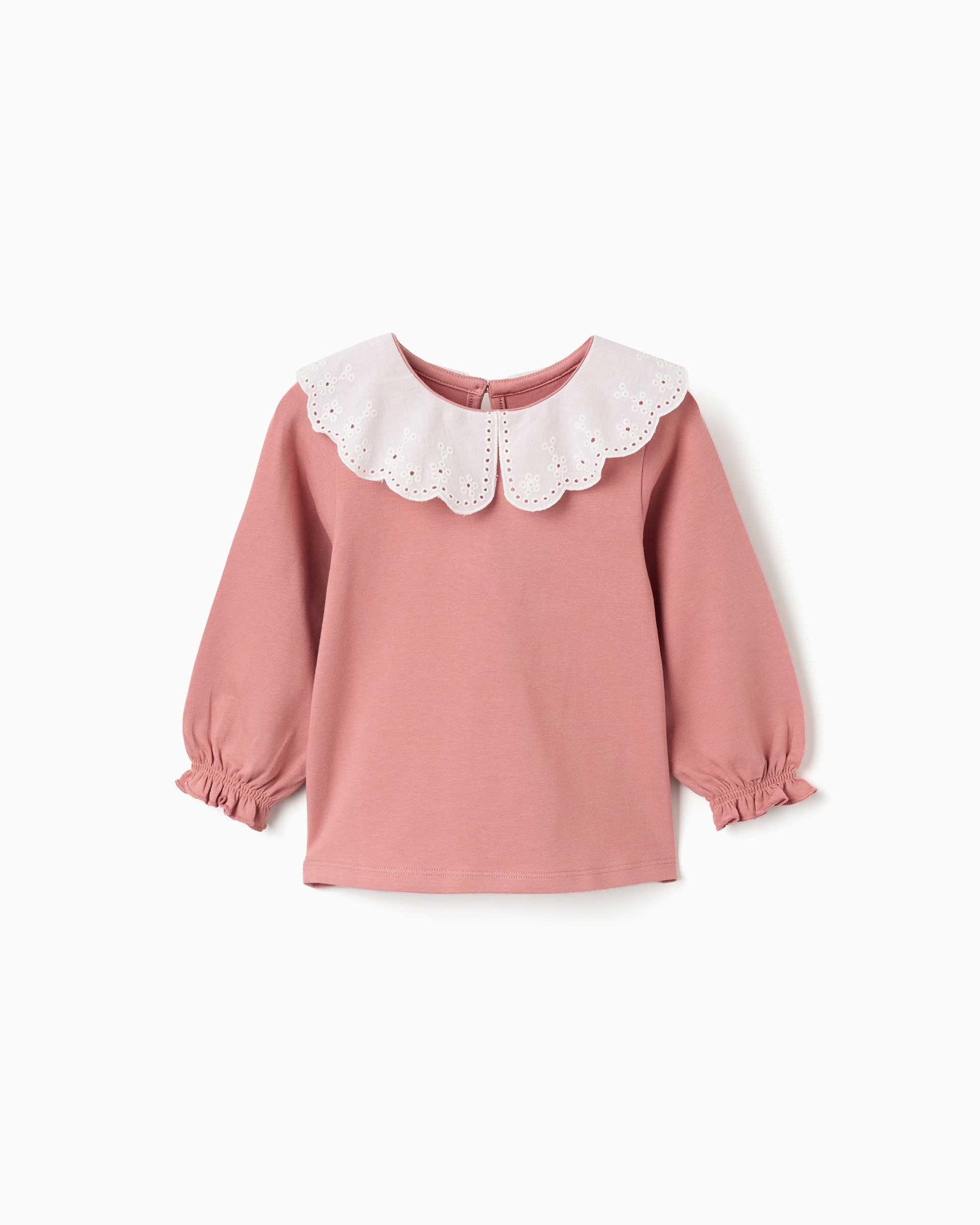Camiseta de bebé niña de algodón y con cuello en bordado inglés - Zippy - Rosa Rosa-1