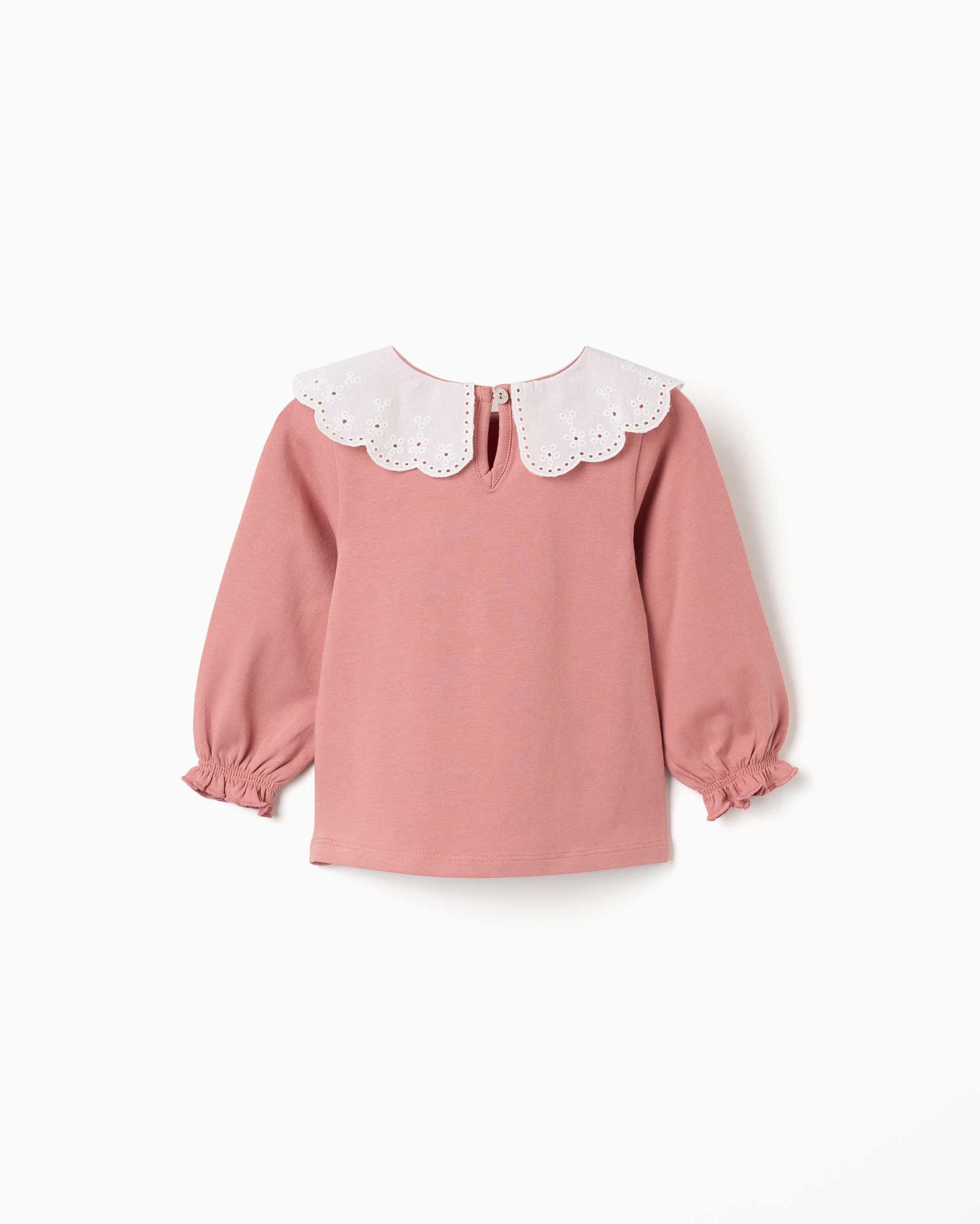 Camiseta de bebé niña de algodón y con cuello en bordado inglés - Zippy - Rosa Rosa-3