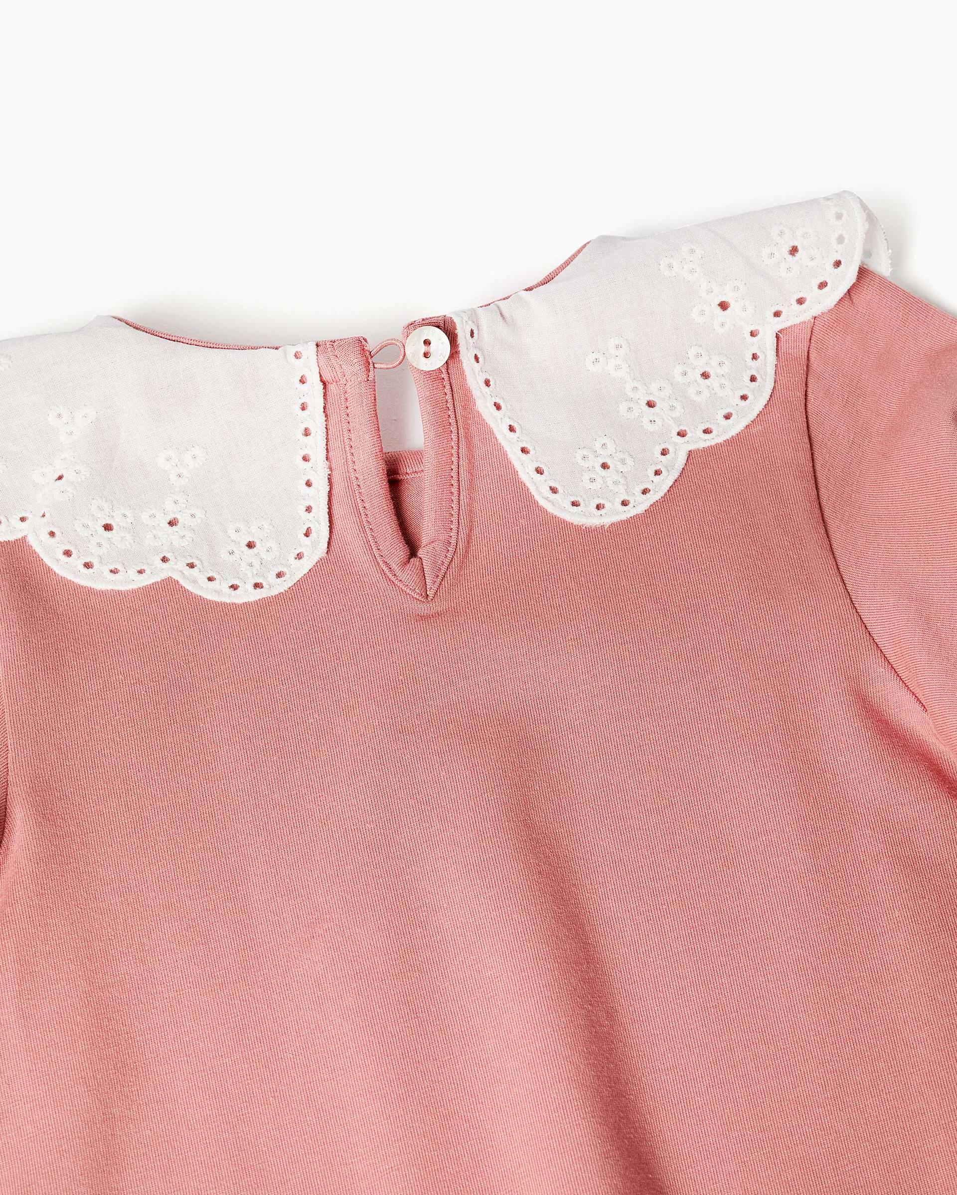 Camiseta de bebé niña de algodón y con cuello en bordado inglés - Zippy - Rosa Rosa-2