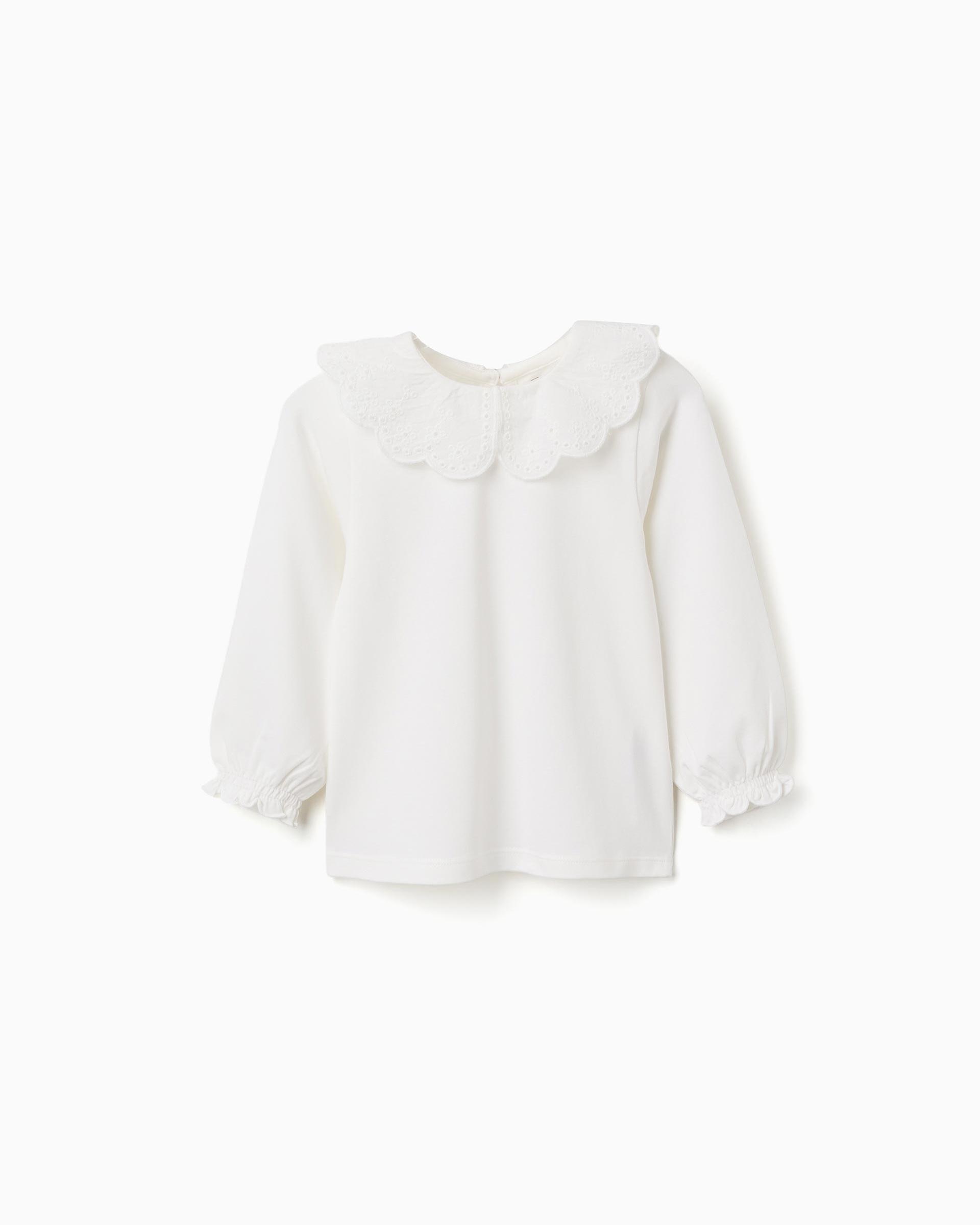 Imagen 0 de Camiseta de bebé niña de algodón y con cuello en bordado inglés Blanco