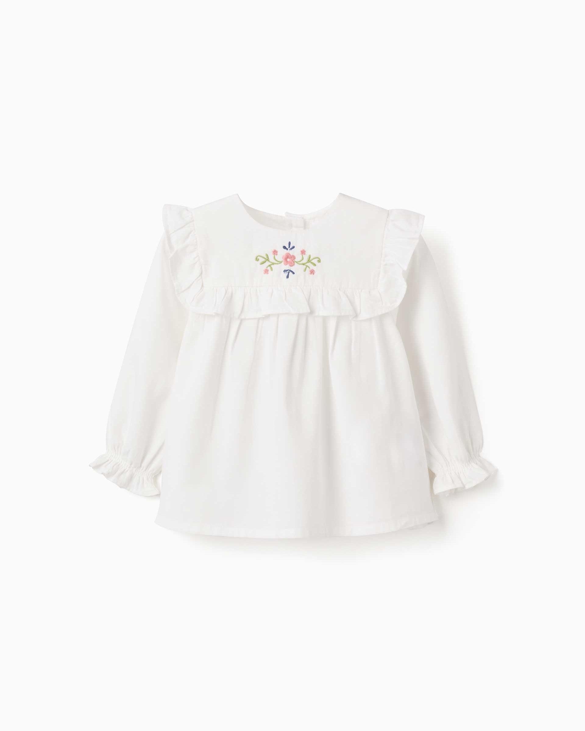 Imagen 1 de Blusa de bebé niña 100% algodón y con flores bordadas Blanco