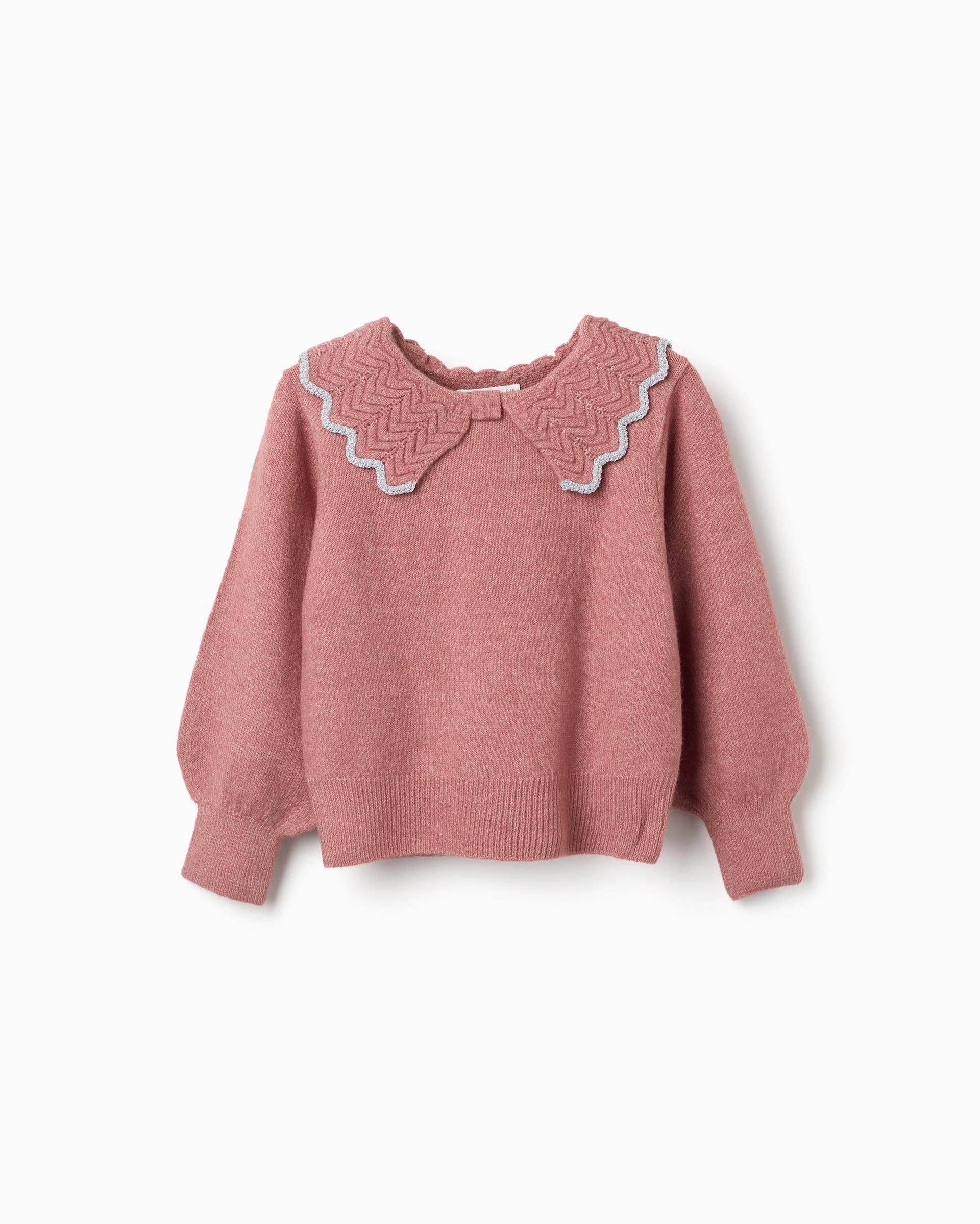 Jersey de niña de punto y con cuello en forma de lazo - Zippy - Rosa Rosa-1