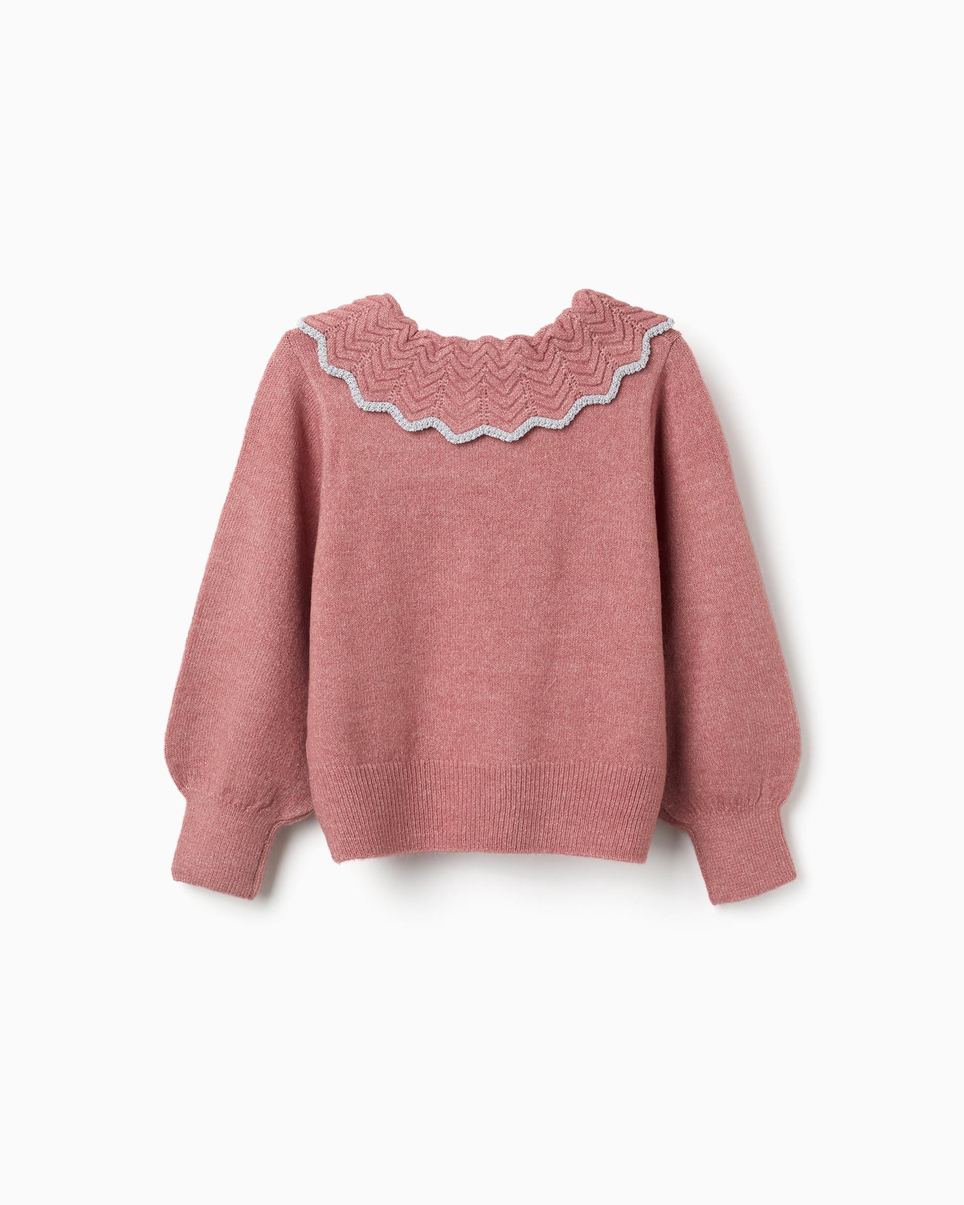 Jersey de niña de punto y con cuello en forma de lazo - Zippy - Rosa Rosa-3
