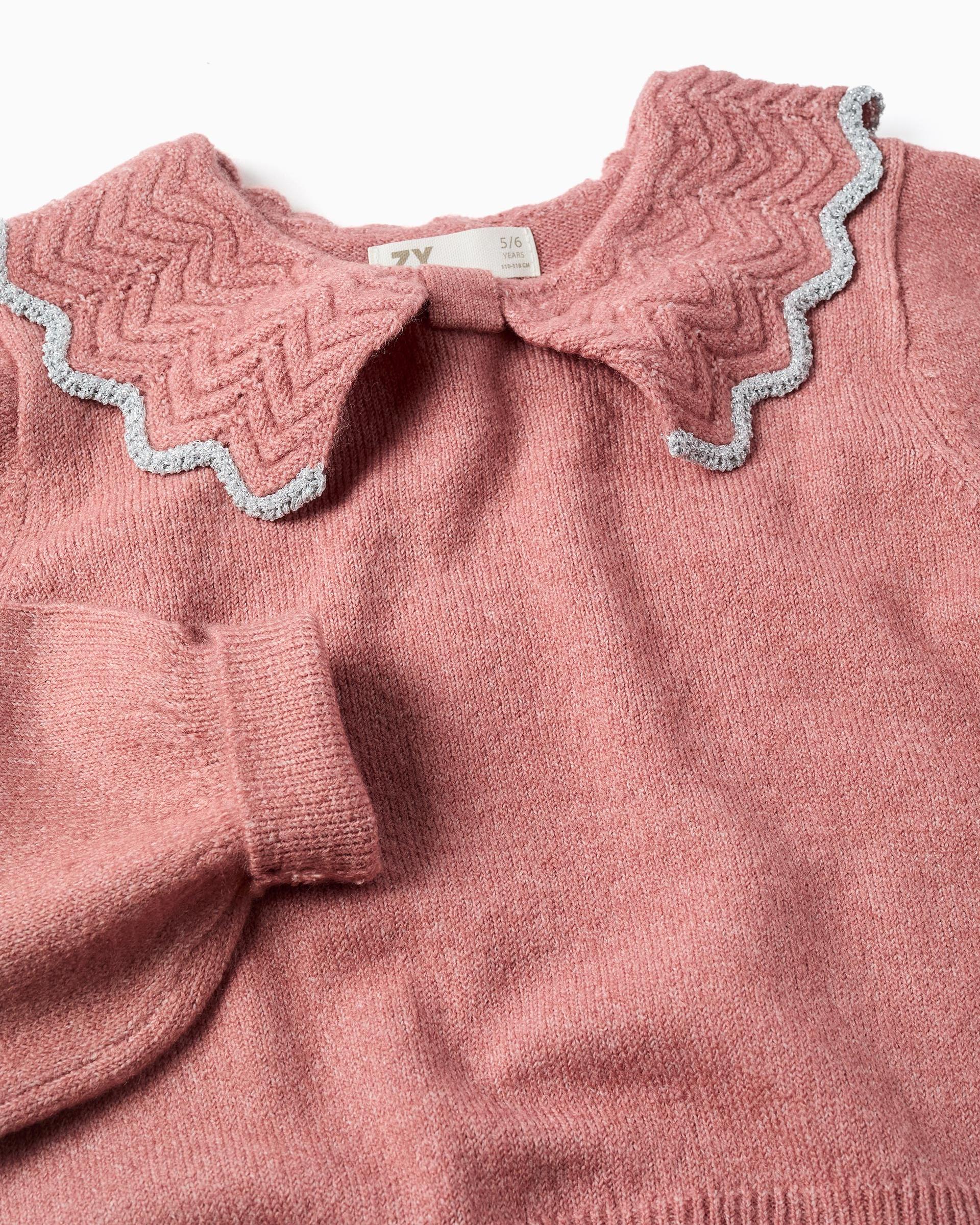Jersey de niña de punto y con cuello en forma de lazo - Zippy - Rosa Rosa-2