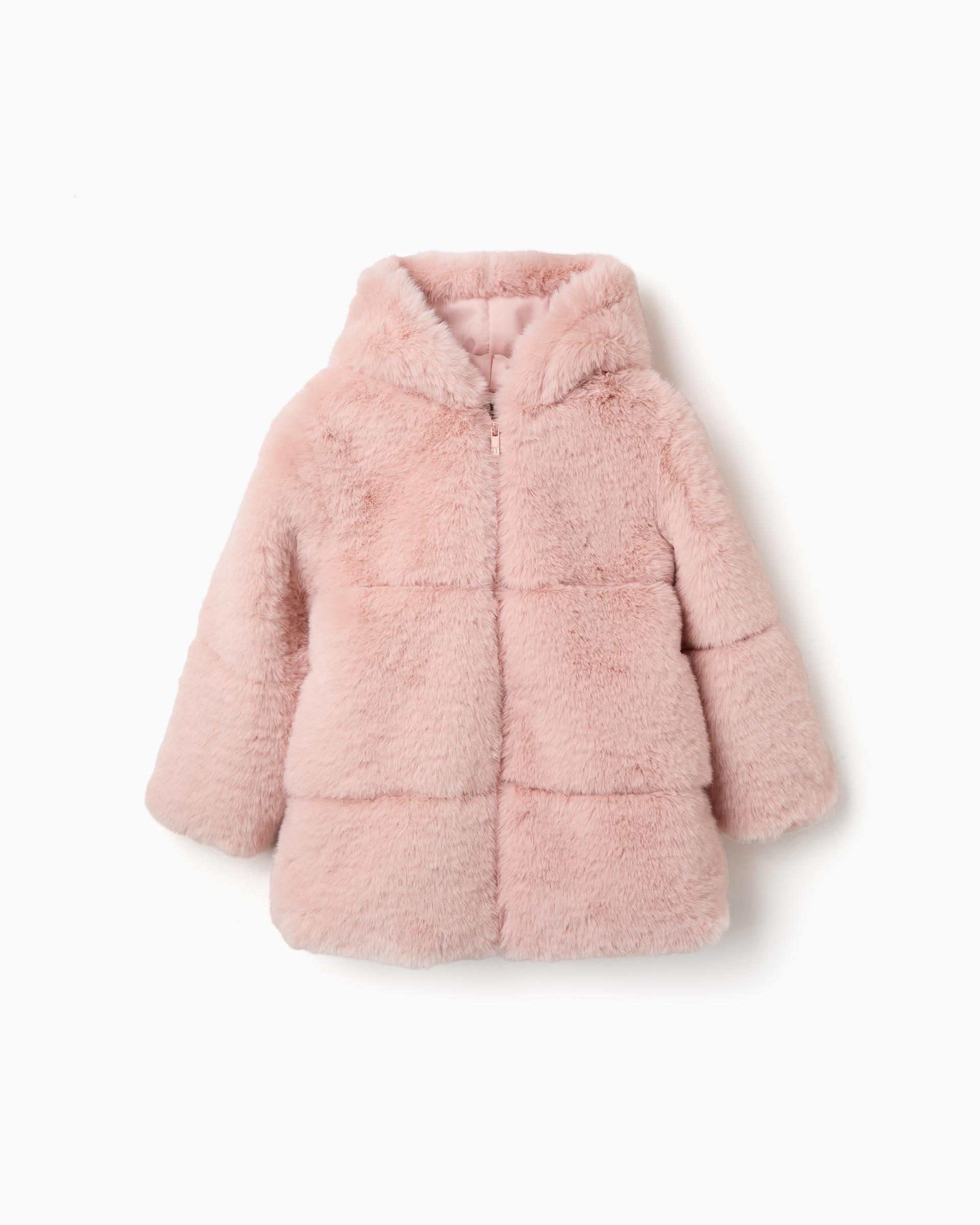 Imagen 1 de Abrigo de pelo de niña con capucha y forro Rosa