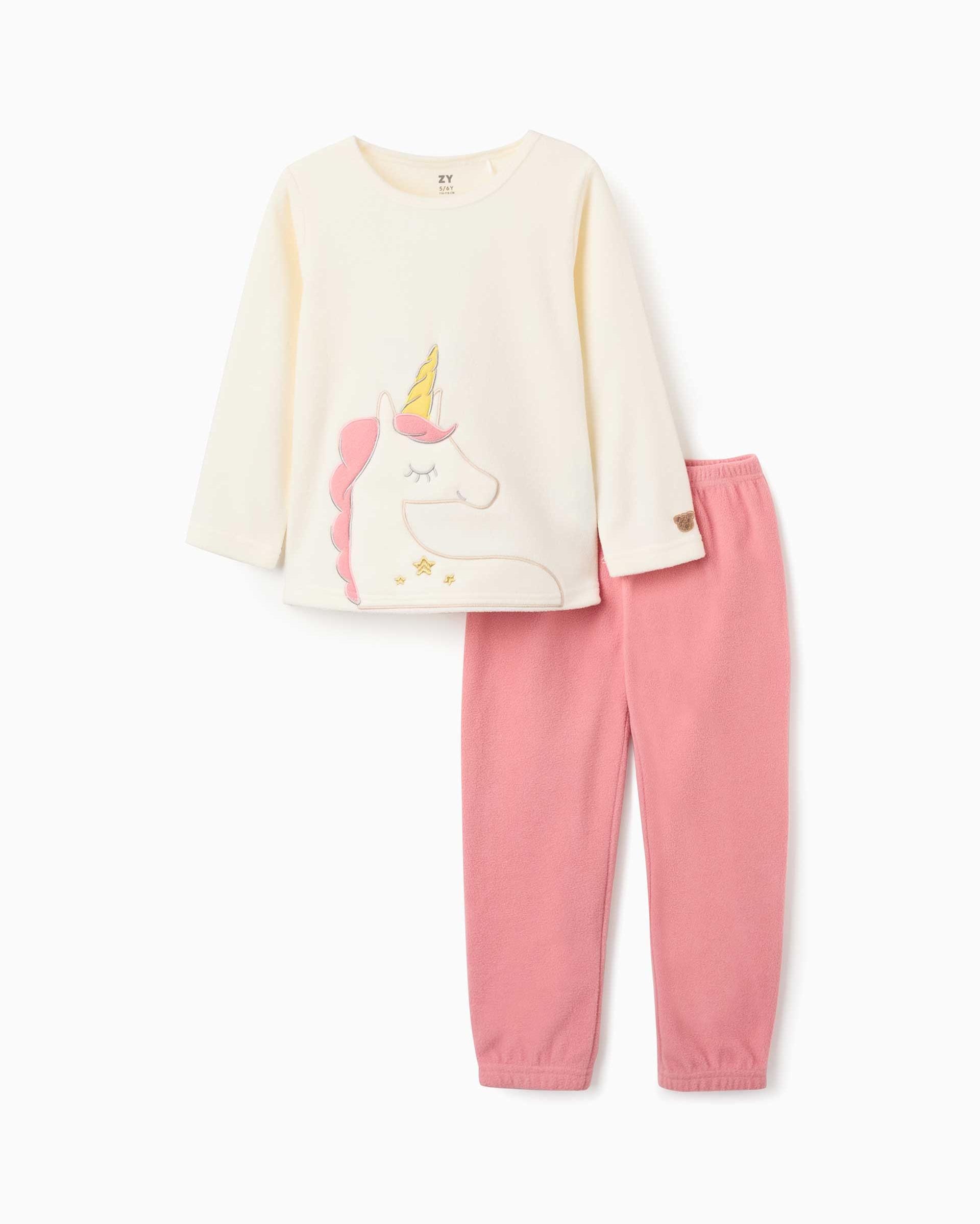 Imagen 1 de Pijama de niña de felpa polar y con unicornio bordado Blanco