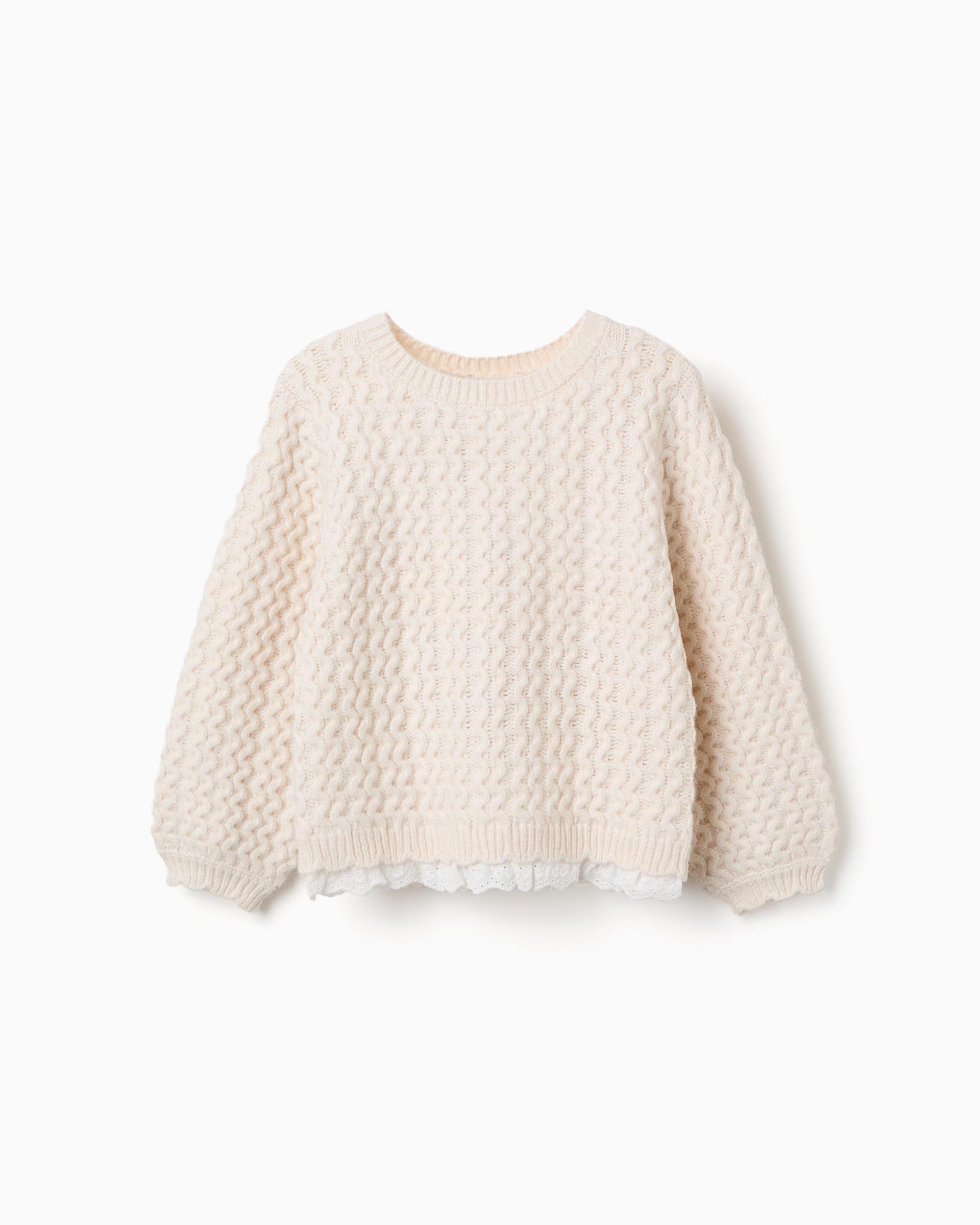 Jersey de niña de punto y con bordado inglés - Zippy - Beige Beige-1