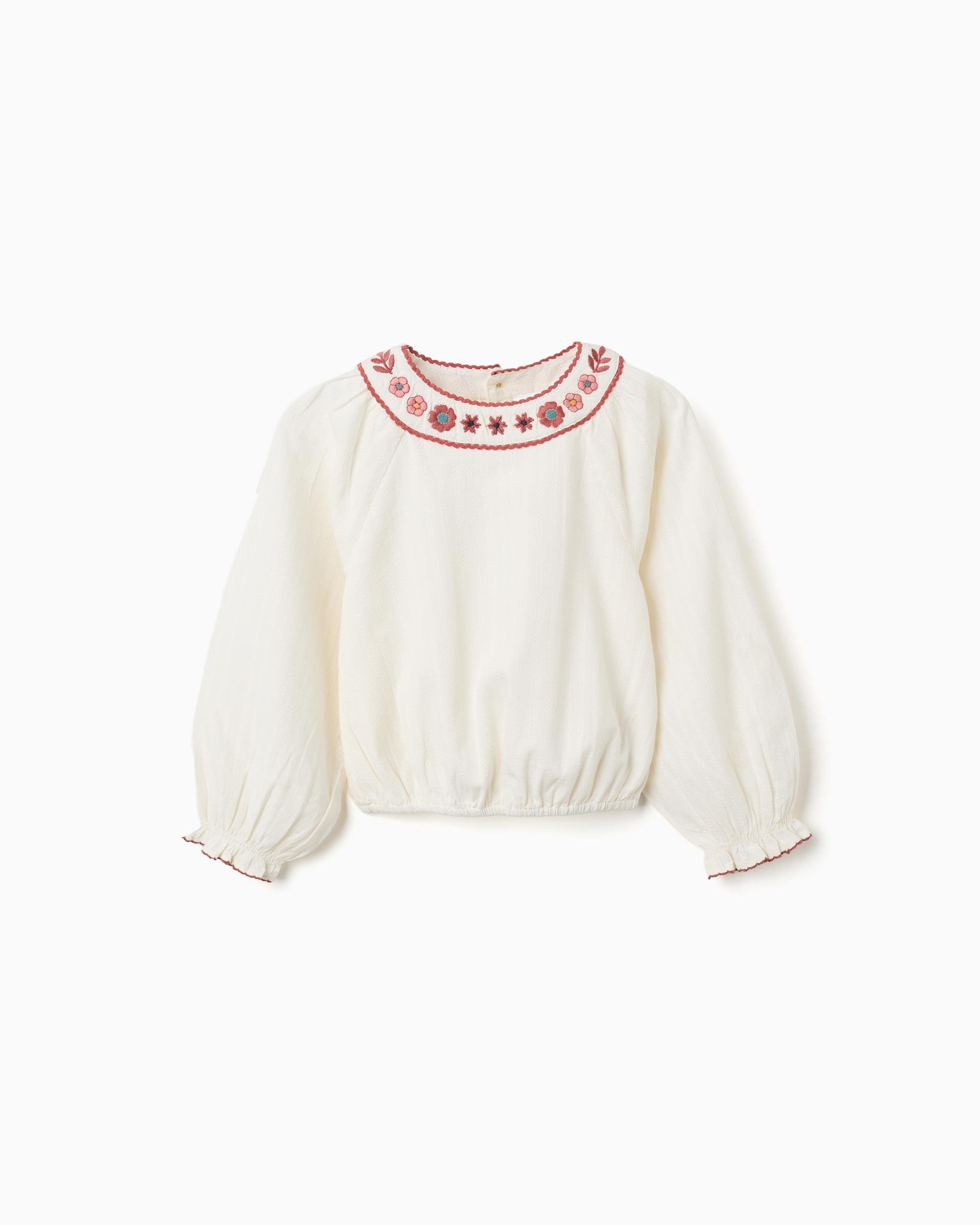 Blusa de niña 100% algodón y con flores bordadas - Zippy - Blanco Blanco-1