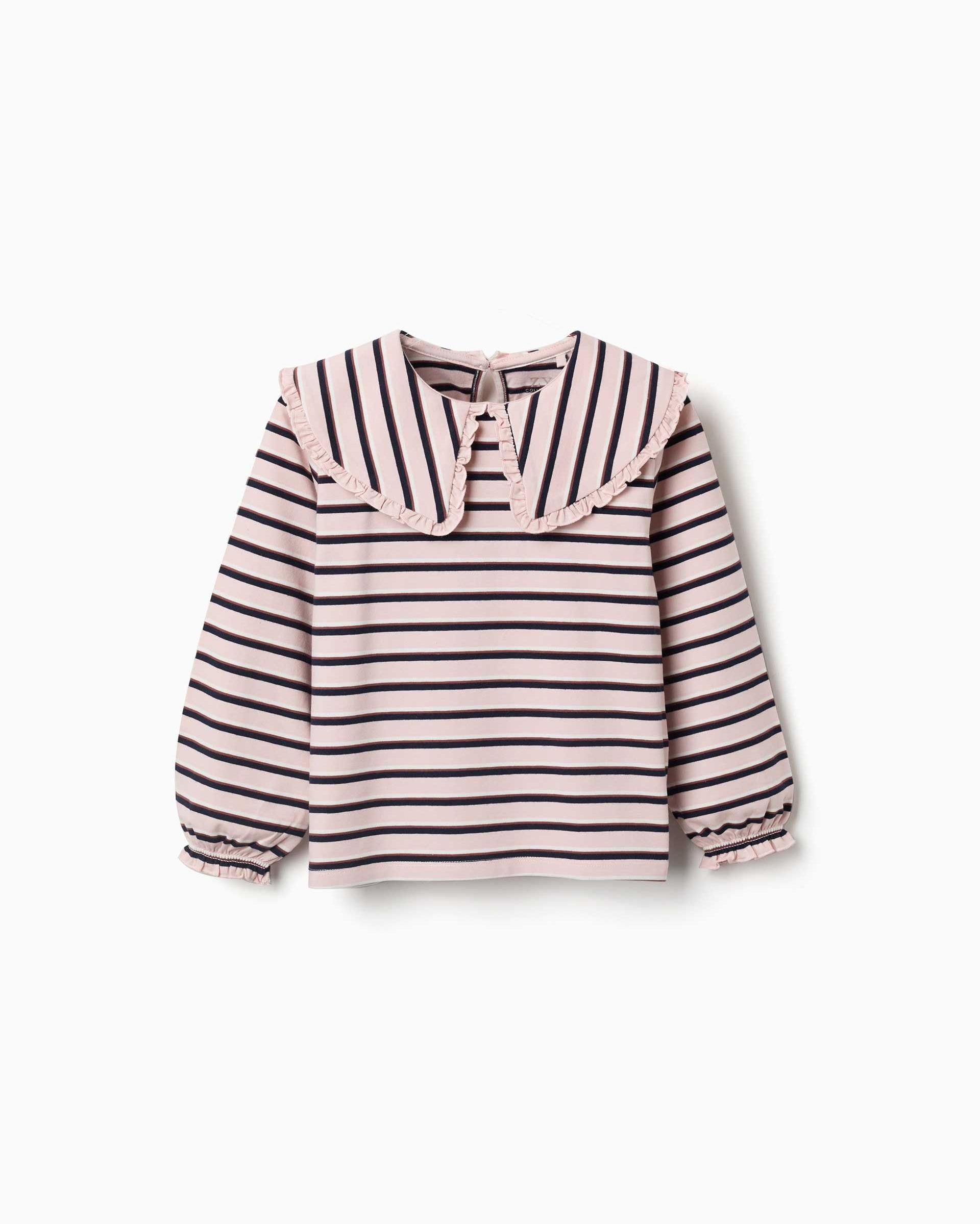 Camiseta de niña de algodón y a rayas - Zippy - Rosa Rosa-1