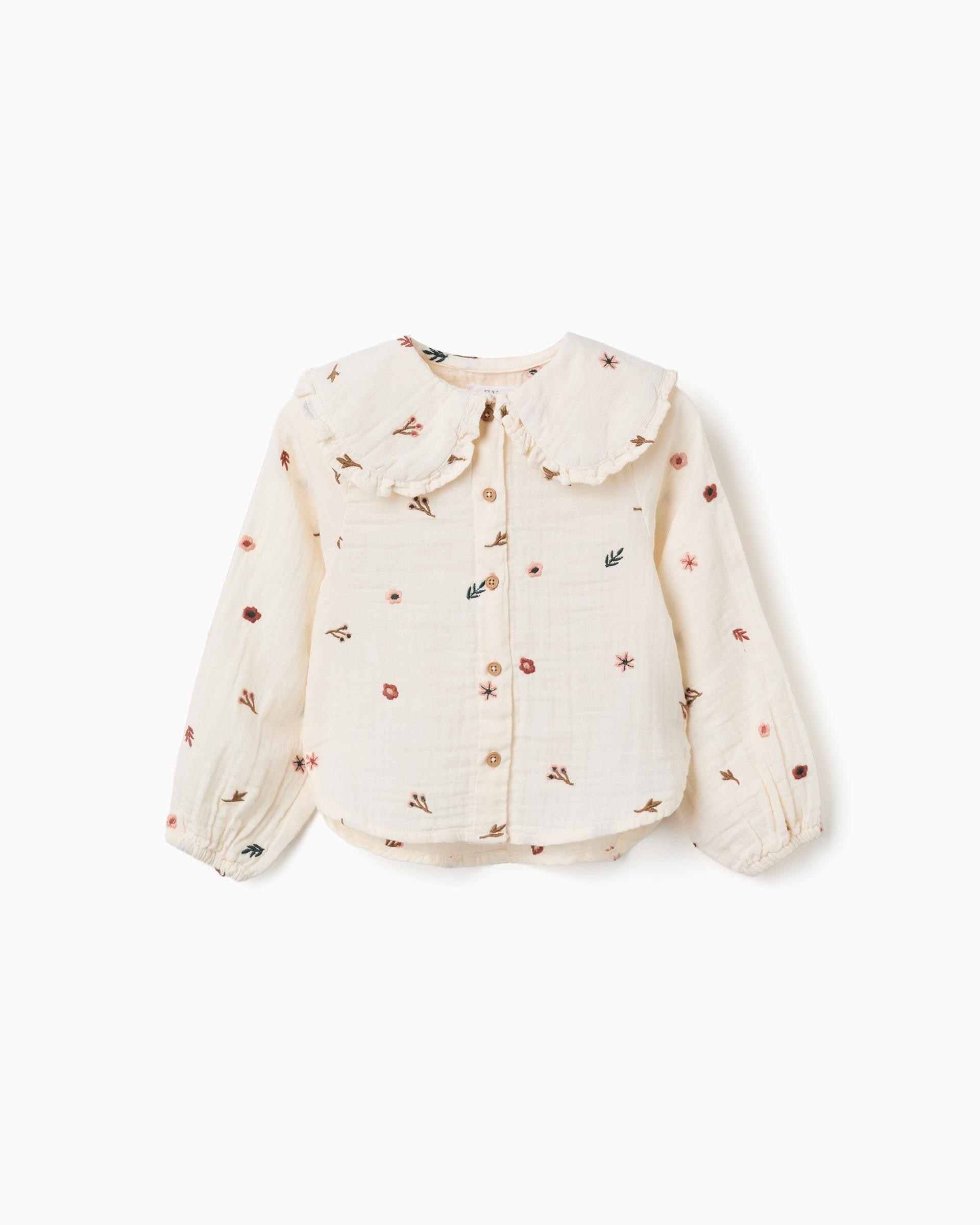Blusa de niña 100% algodón y con flores bordadas - Zippy - Blanco Blanco-1