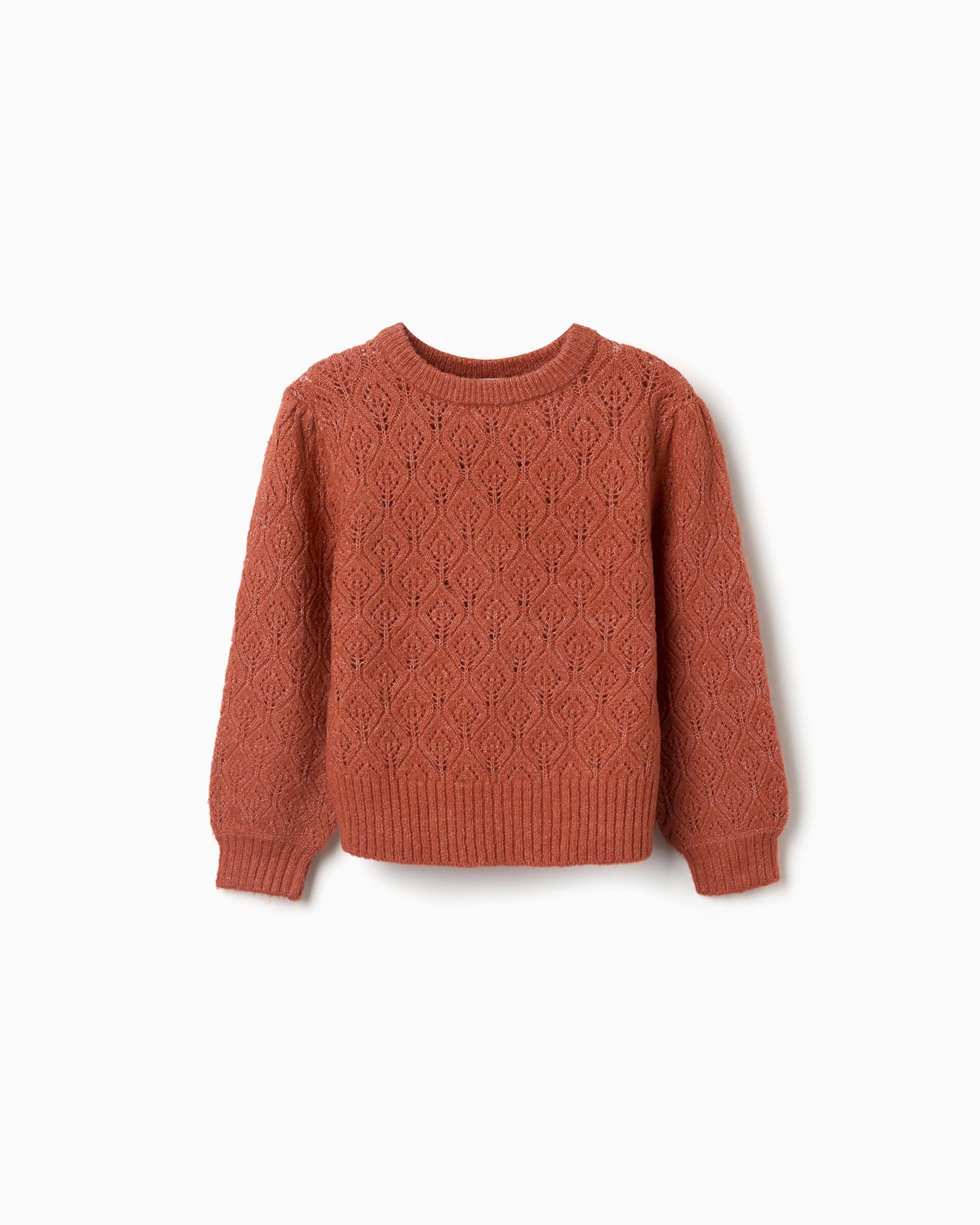 Jersey de niña de punto calado y con mangas abullonadas - Zippy - Marrón Marrón-1