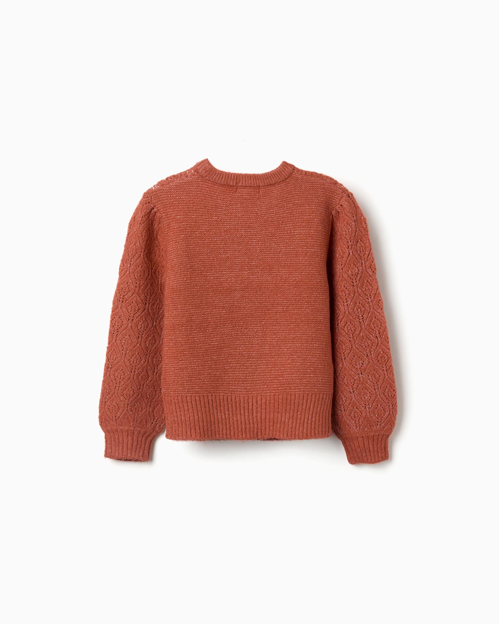 Jersey de niña de punto calado y con mangas abullonadas - Zippy - Marrón Marrón-3
