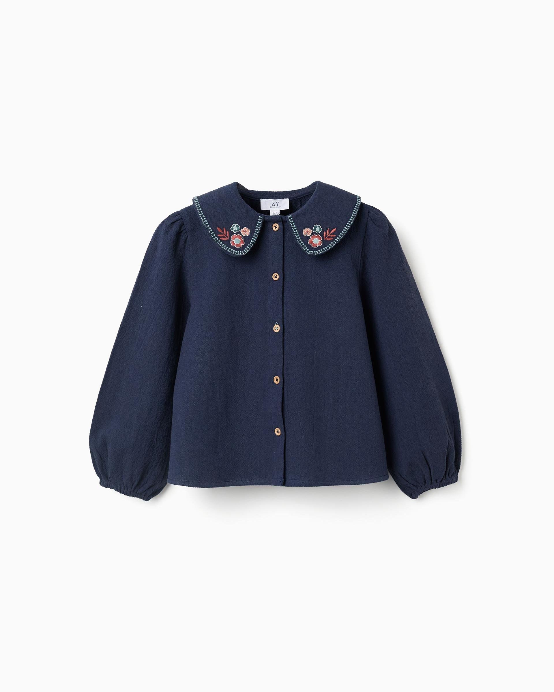 Blusa de niña 100% algodón y con flores bordadas - Zippy - Azul marino Azul marino-1