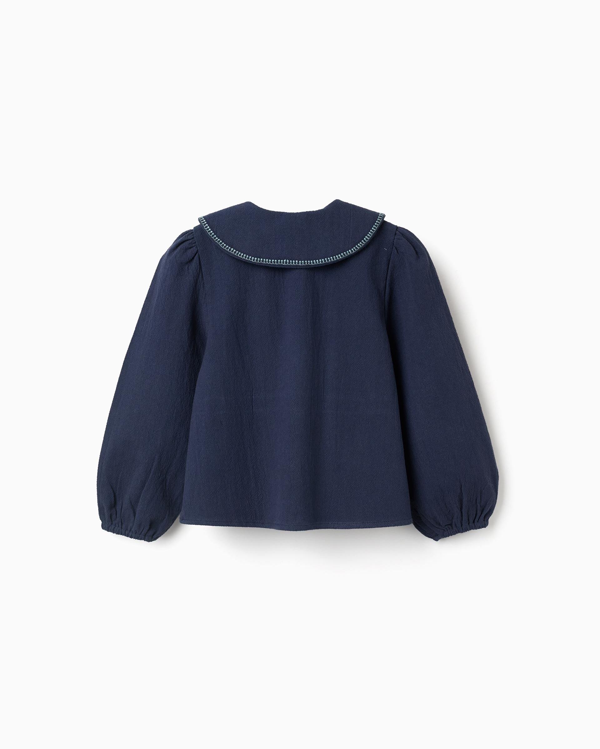 Blusa de niña 100% algodón y con flores bordadas - Zippy - Azul marino Azul marino-3