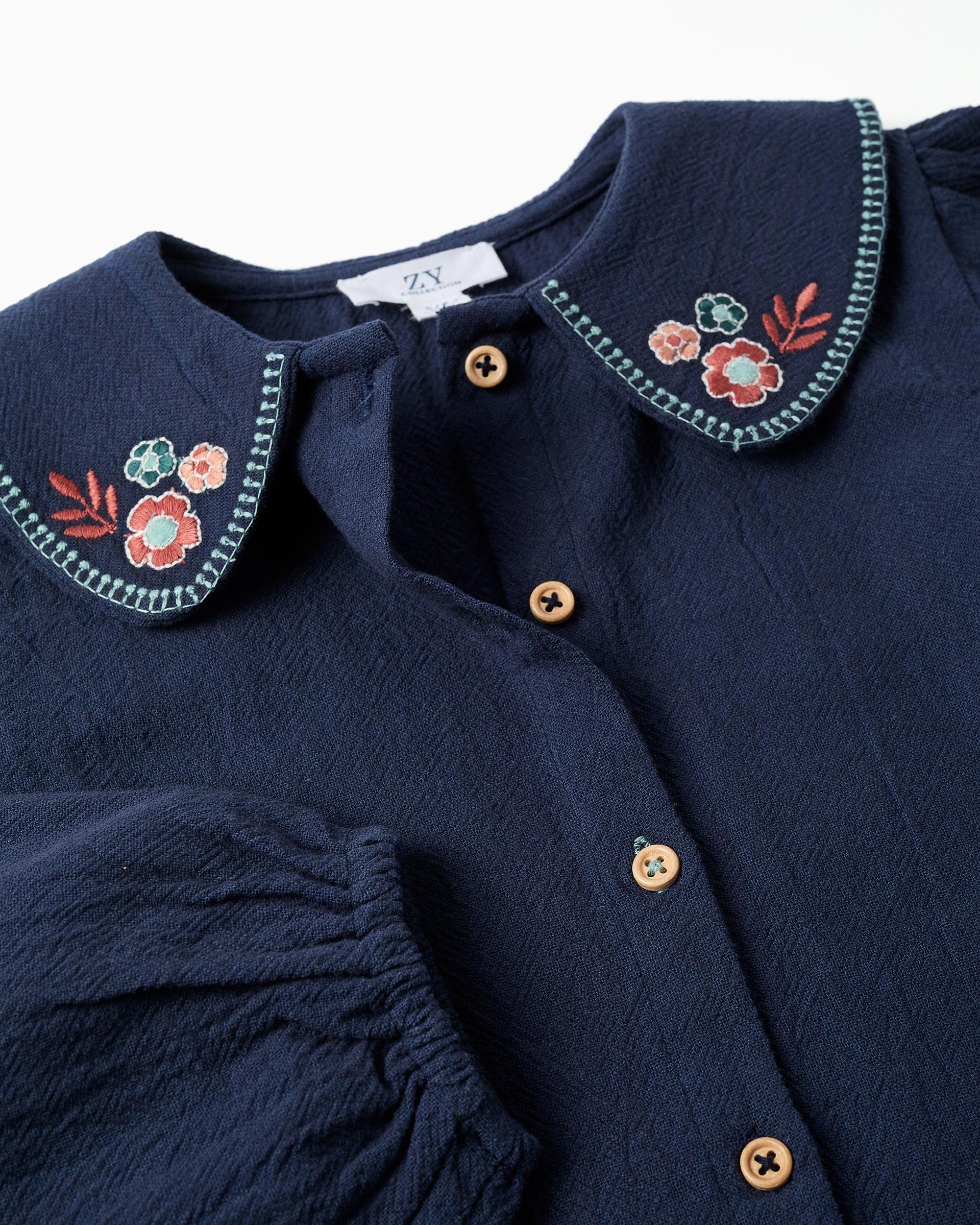 Blusa de niña 100% algodón y con flores bordadas - Zippy - Azul marino Azul marino-2