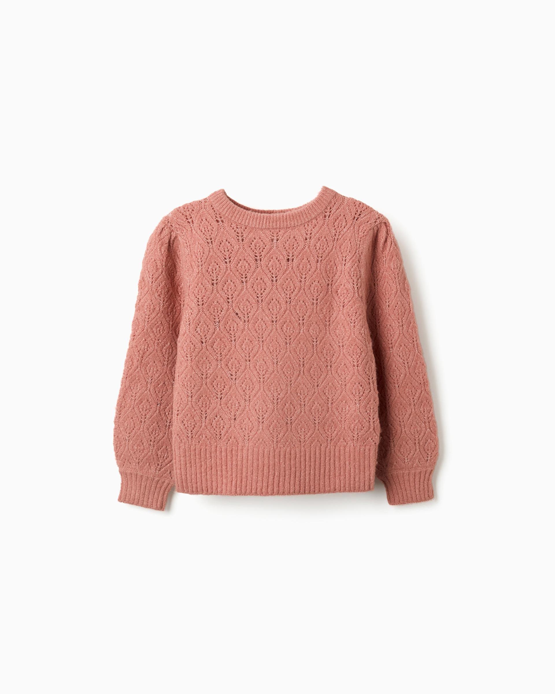 Jersey de niña de punto calado y con mangas abullonadas - Zippy - Rosa Rosa-1