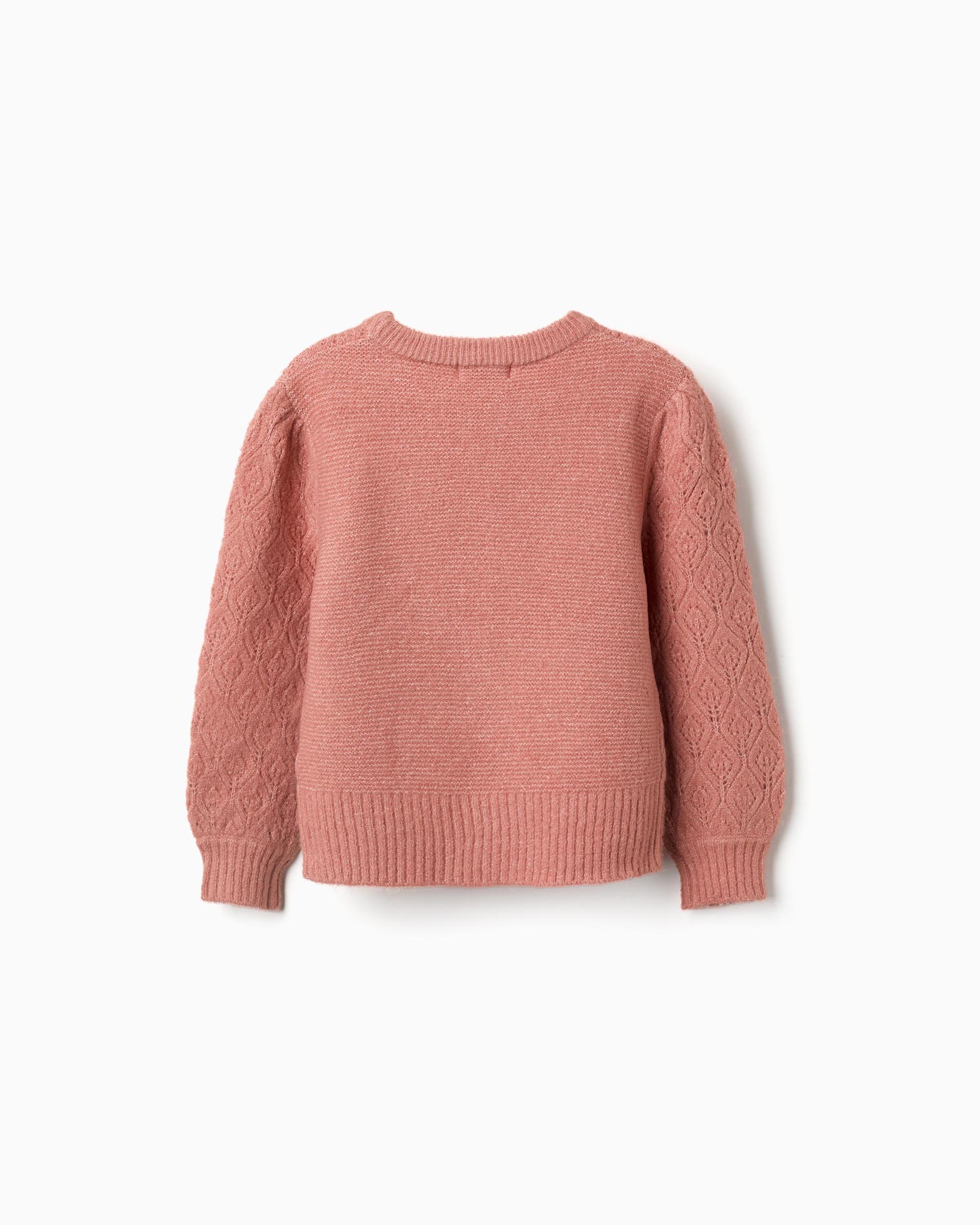 Jersey de niña de punto calado y con mangas abullonadas - Zippy - Rosa Rosa-3